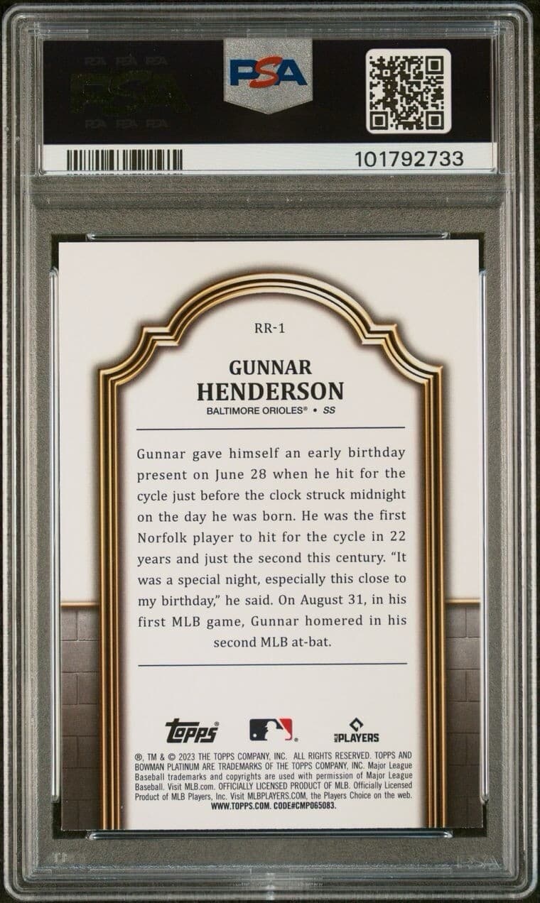 2023 Bowman Platinum - Renowned Rookies Gunnar Henderson (RC). PSA 10. Pop 17!