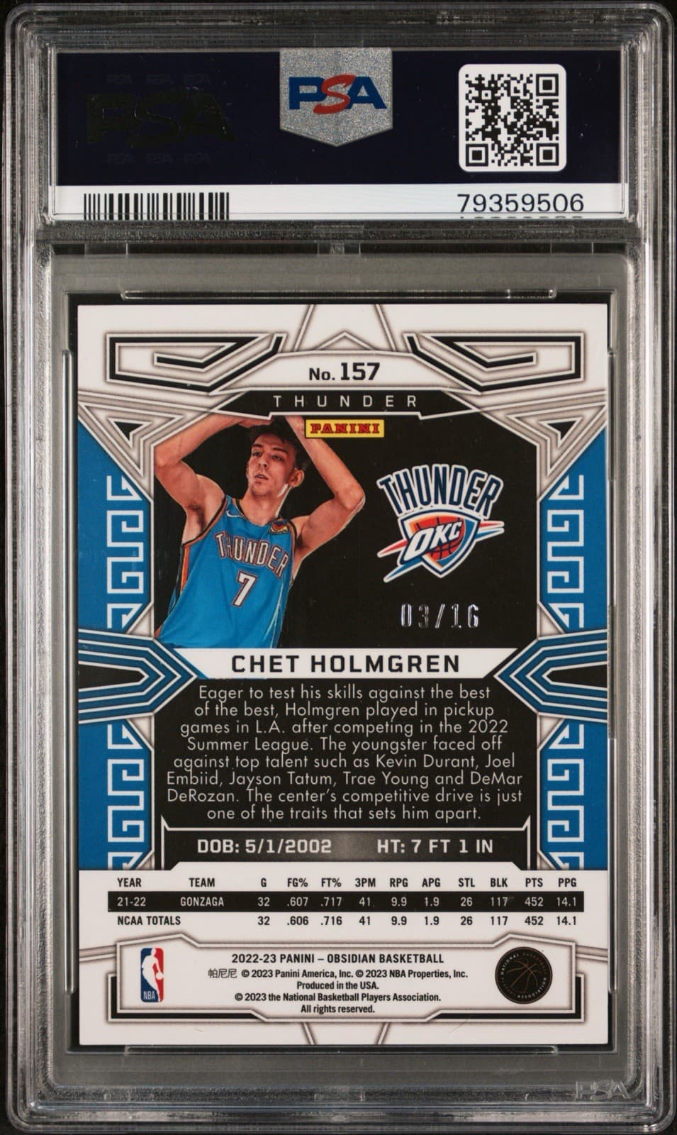 2022 Obsidian - Chet Holmgren #157 Electric Etch Blue Flood FOTL /16 (RC). PSA 9 thumbnail 2