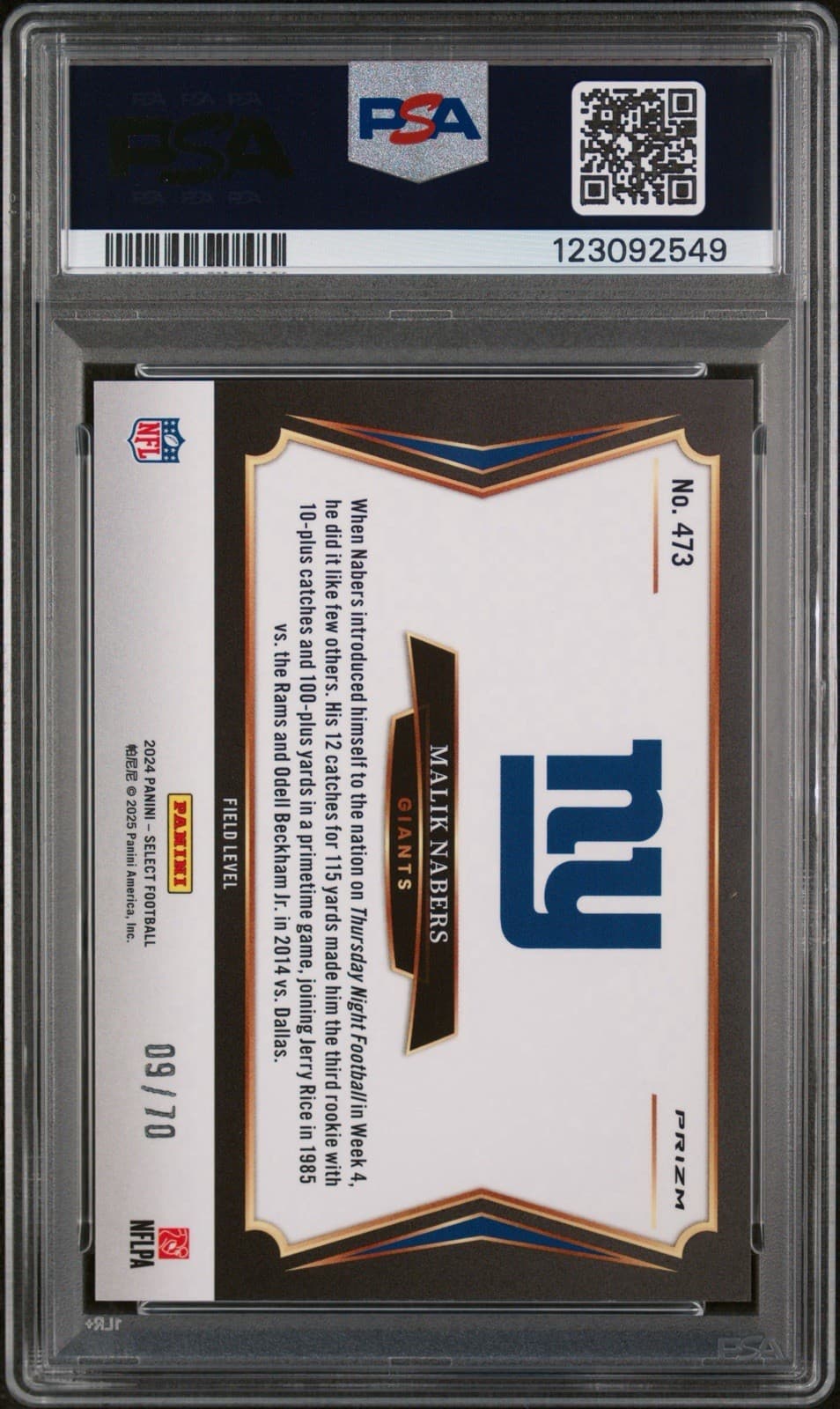 2024 Select - Field Level Malik Nabers (RC) #473 Dragon Scale Prizm /70. PSA 9