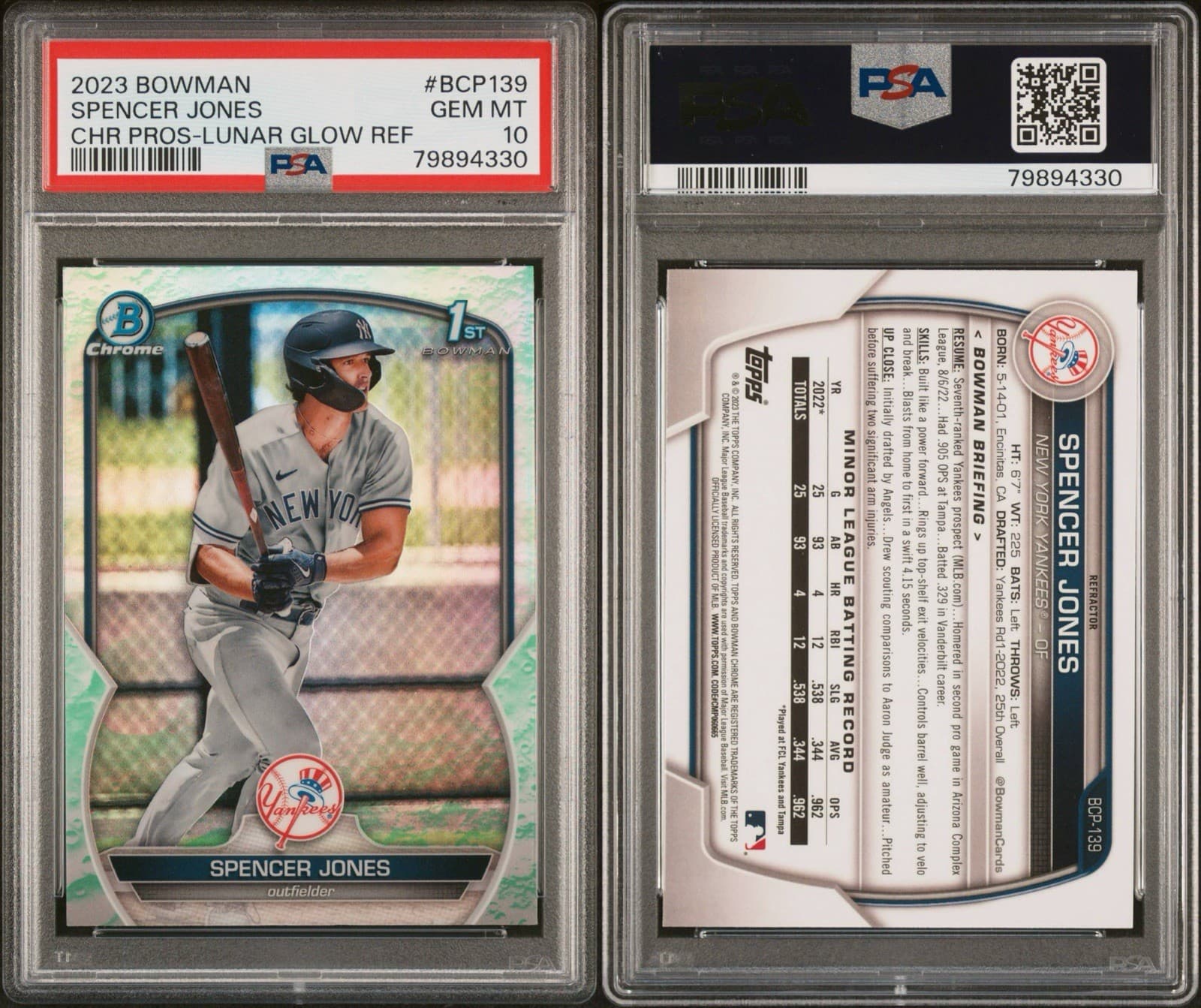 2023 Bowman - Spencer Jones Chrome Prospects Lunar Glow Refractor (RC). PSA 10.