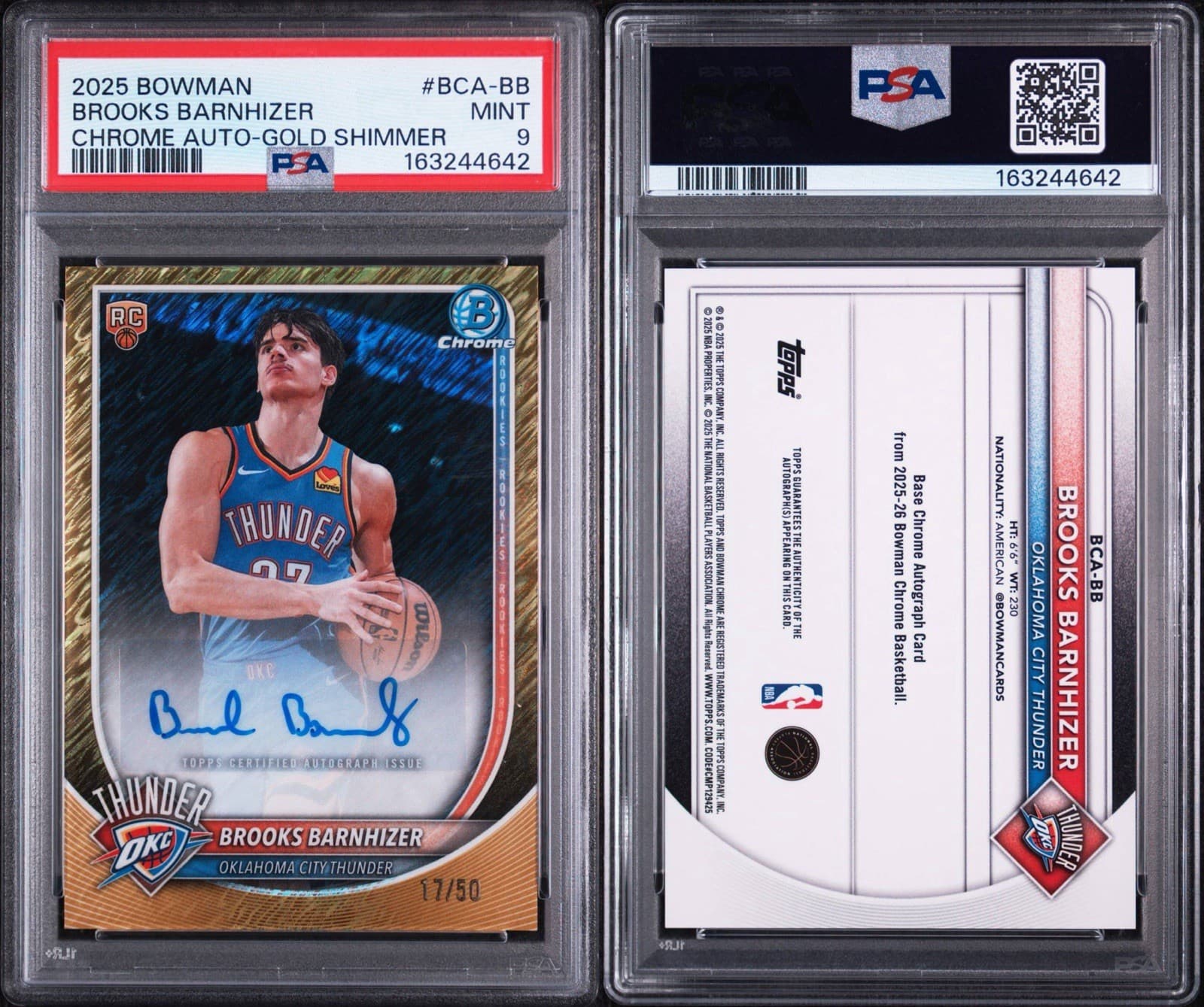2025 BOWMAN CHROME AUTOGRAPHS - BROOKS BARNHIZER AUTO - GOLD SHIMMER /50. PSA 9