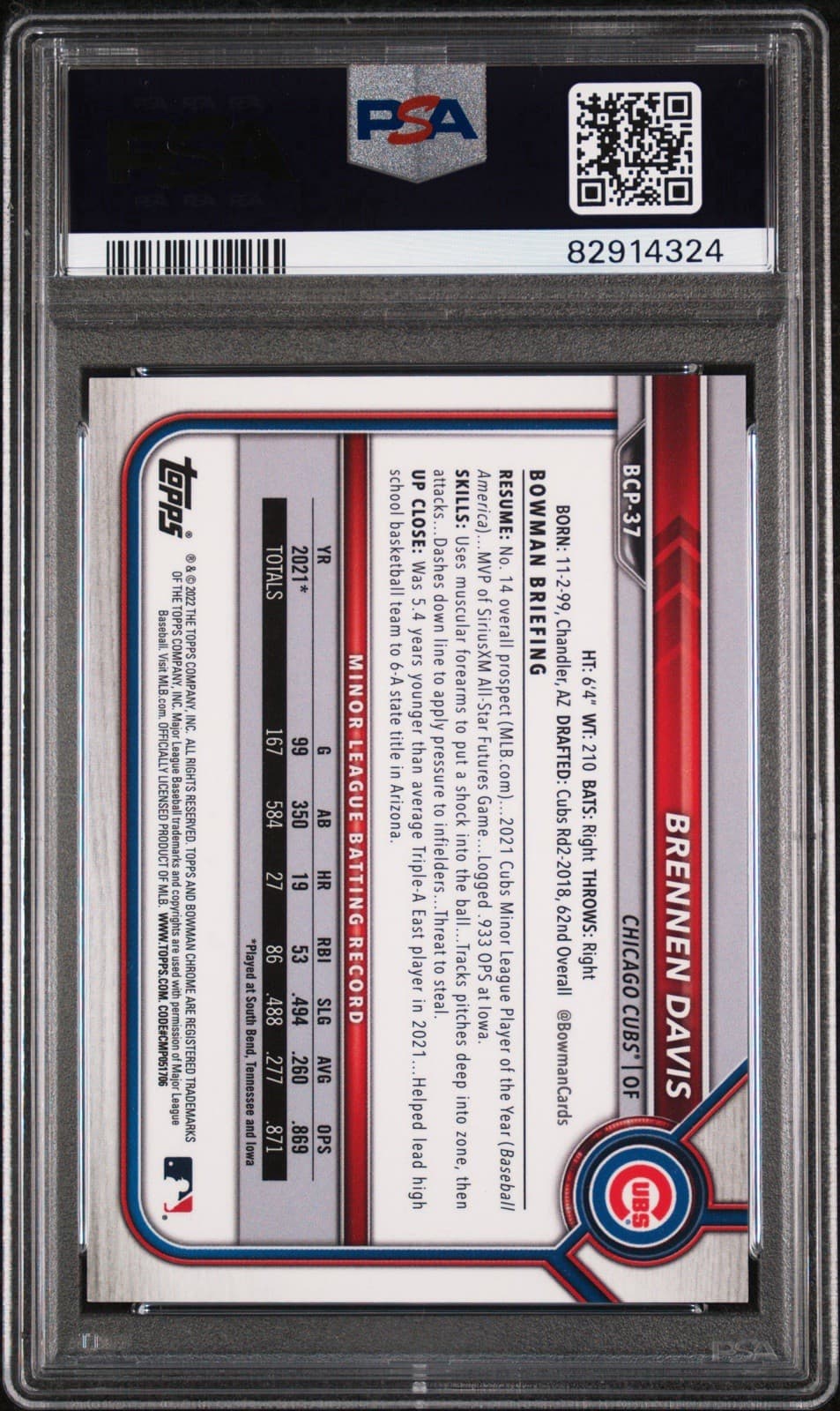 2022 Bowman Chrome Prospects - Brennen Davis Blue Shimmer Refractor /150. PSA 10