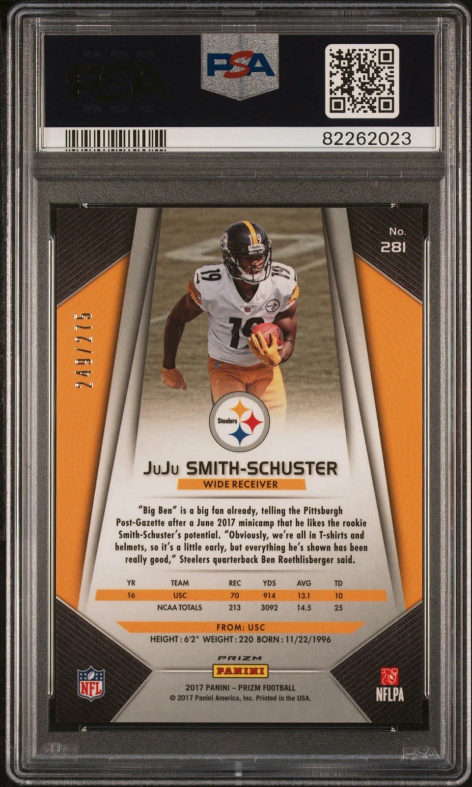 2017 Panini Prizm - JuJu Smith-Schuster Orange Prizm /275 (RC). PSA 8 NM - MT