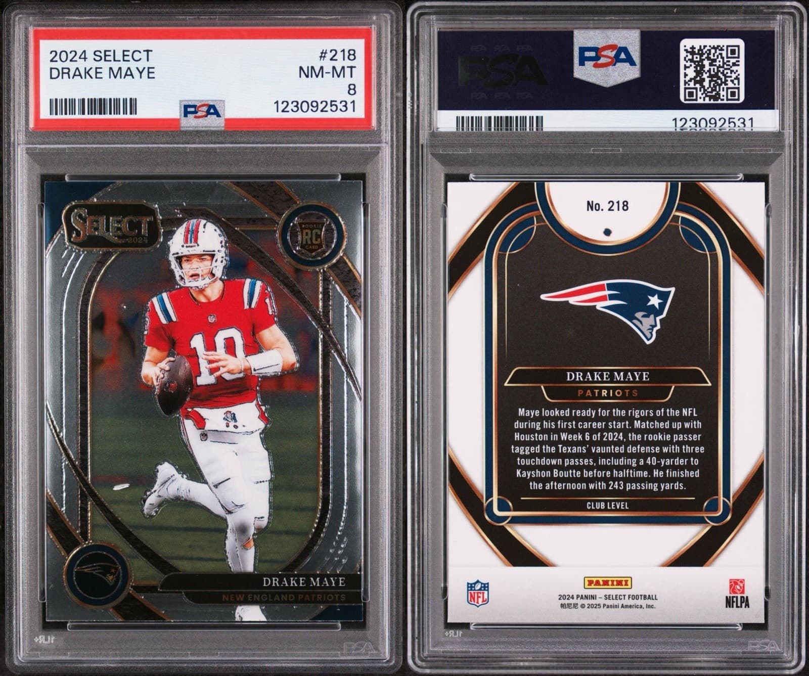 2024 Panini Select - Club Level Drake Maye #218 (RC). PSA 8 NM-MT