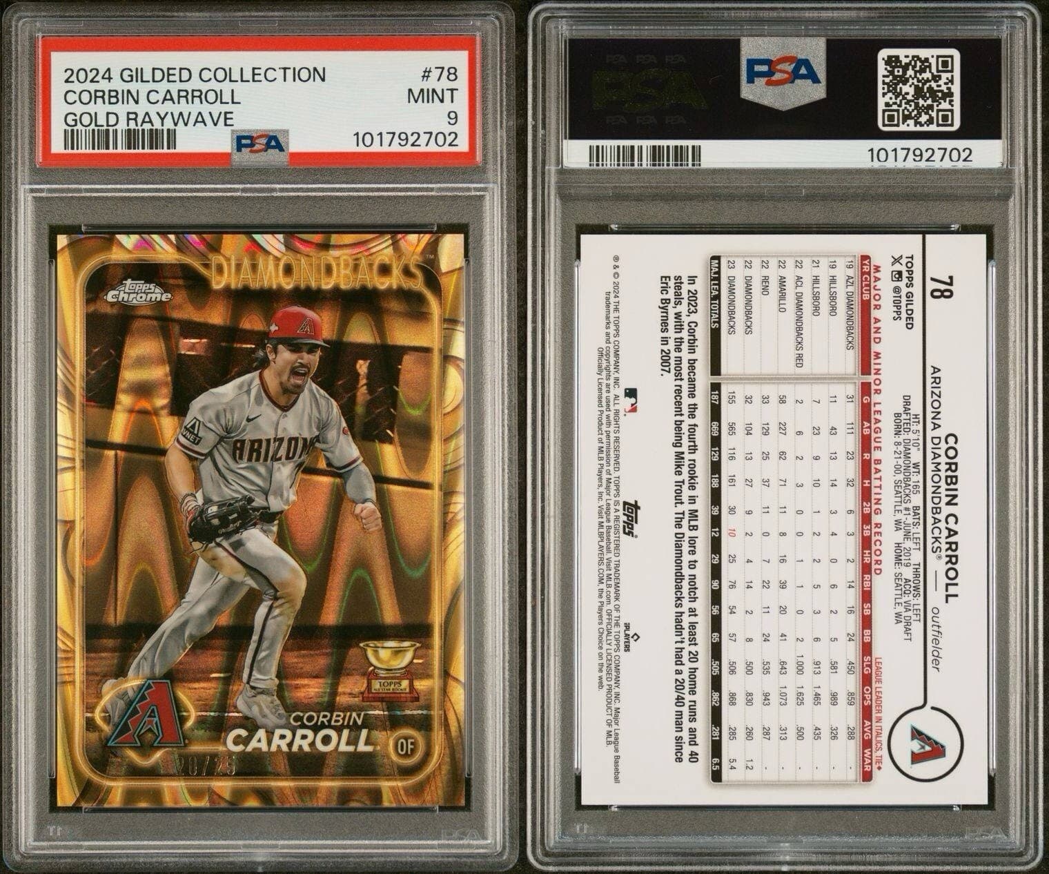 2024 Topps Chrome Gilded Collection Corbin Carroll #78 Gold Raywave /25. PSA 9.