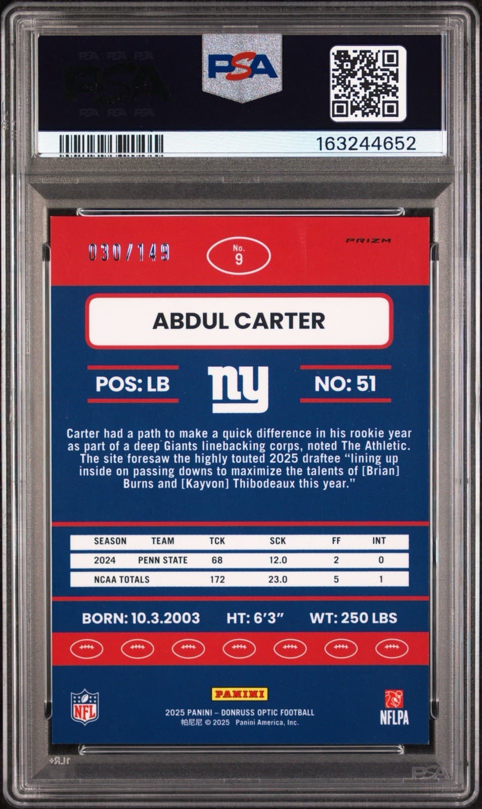 2025 Donruss Optic - 2015 Retro Abdul Carter #9 (RC) - Black Pandora /149. PSA 9