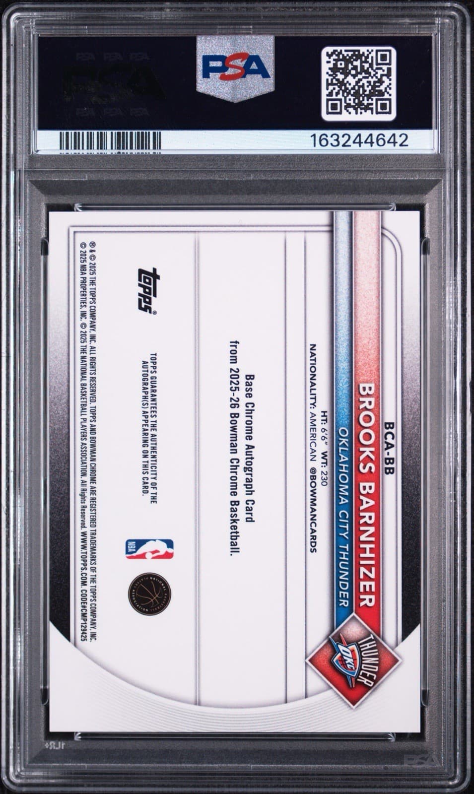 2025 BOWMAN CHROME AUTOGRAPHS - BROOKS BARNHIZER AUTO - GOLD SHIMMER /50. PSA 9