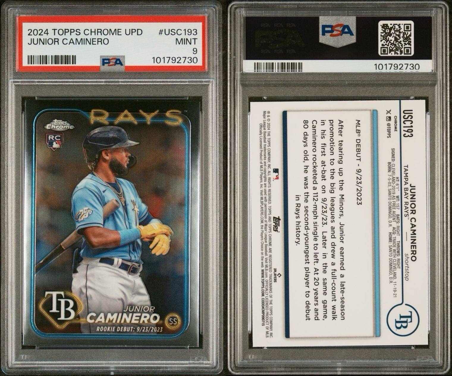 2024 Topps Chrome Update Series - Rookie Debut #USC193 Junior Caminero. PSA 9