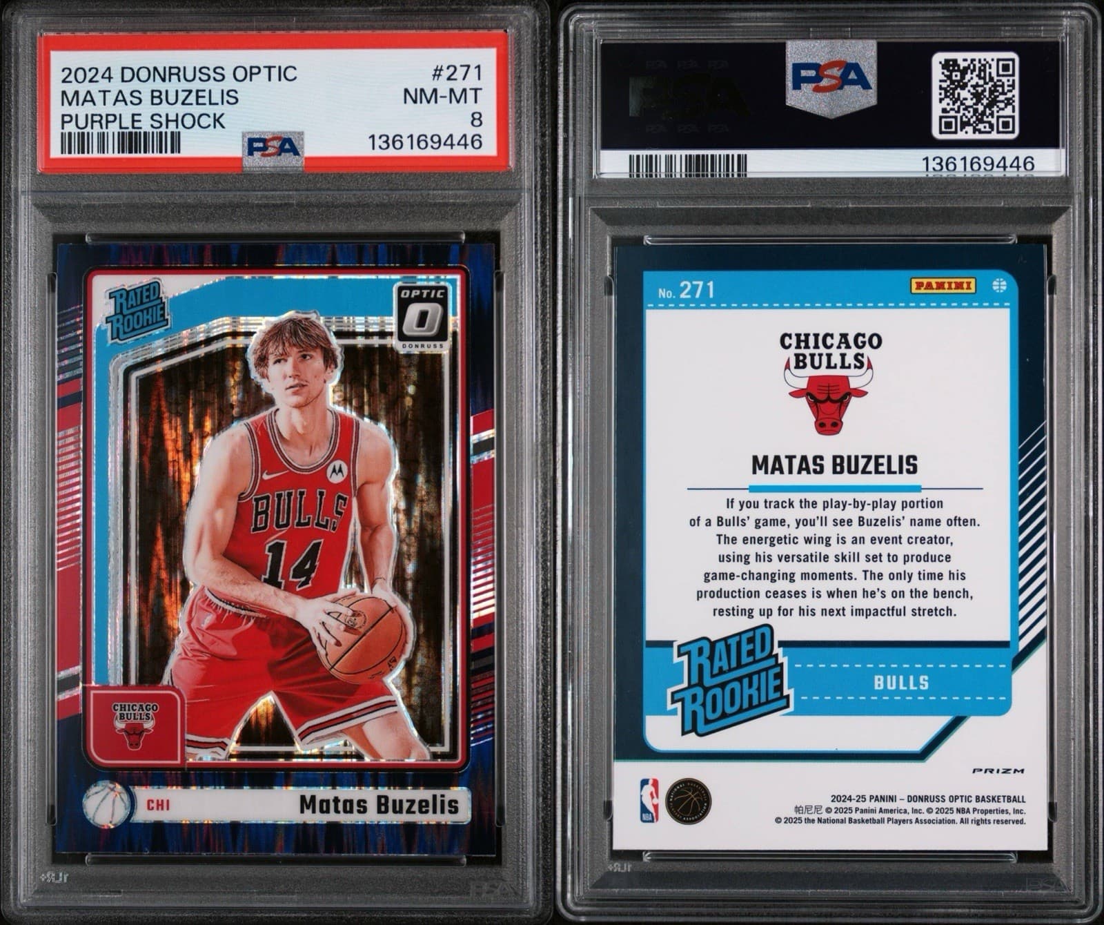2024 Donruss Optic - Rated Rookie Matas Buzelis #271 Purple Shock (RC). PSA 8