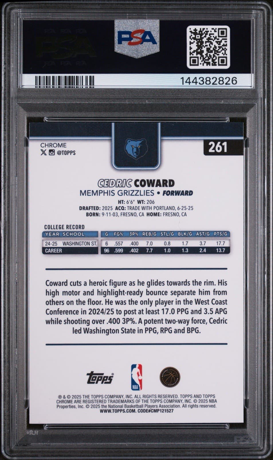 2025-26 Topps Chrome - Cedric Coward #261 X-Fractor (RC). PSA 10 GEM MT