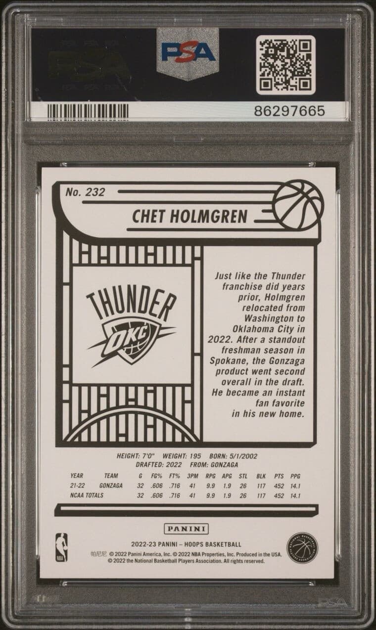 2022-23 Panini NBA Hoops Chet Holmgren Rookie Card #232 PSA 9 NM RC Thunder
