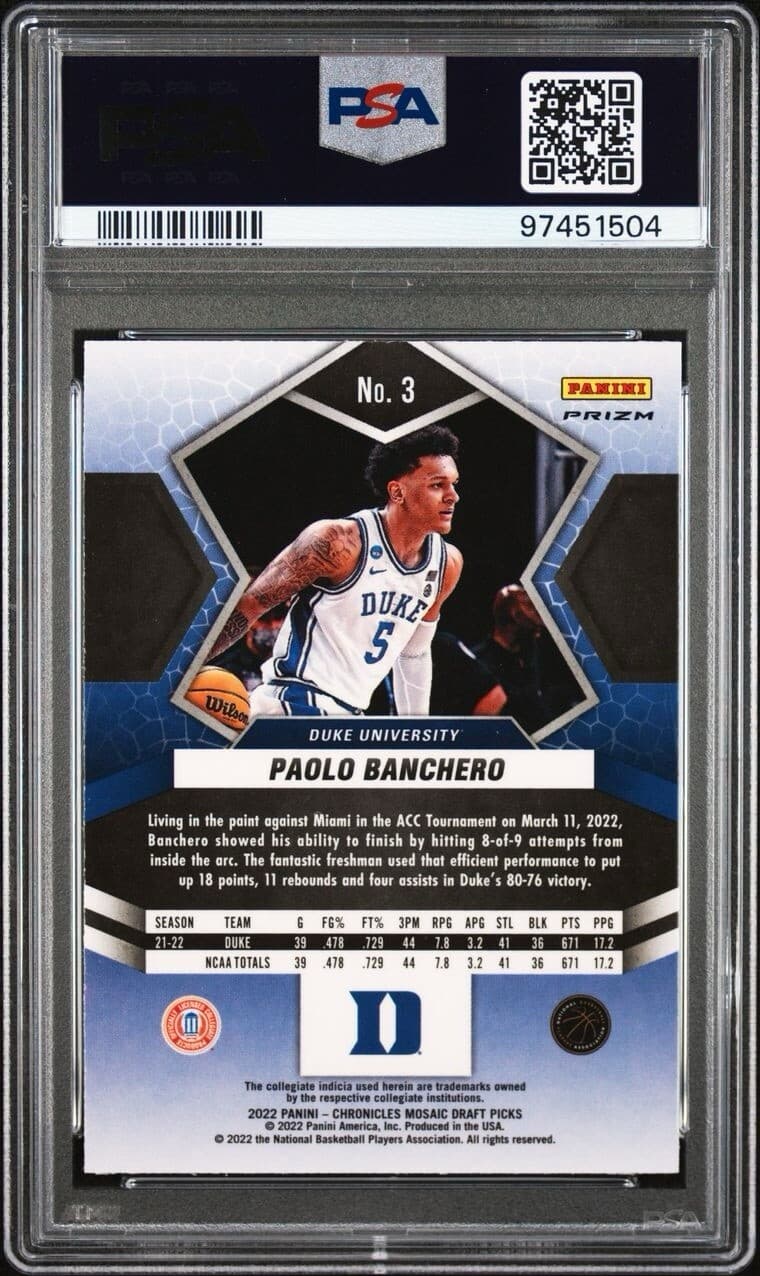 2022 Chronicles Draft Picks - Mosaic Pink #3 Paolo Banchero (RC). PSA 10. Pop 13