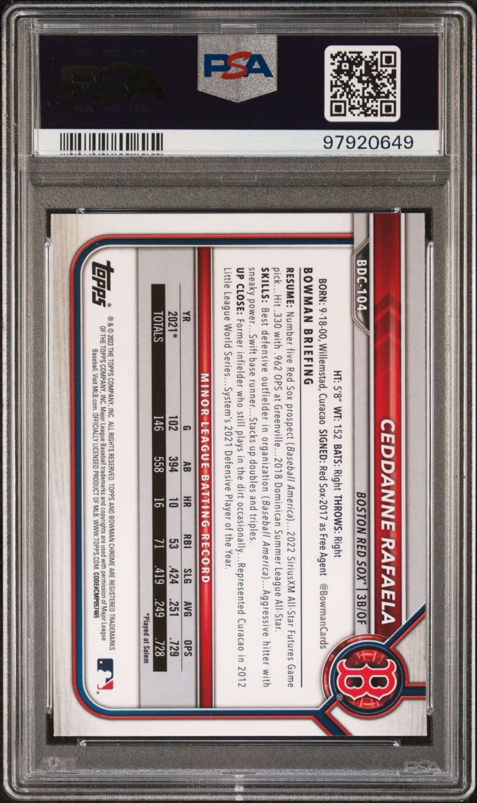 2022 Bowman Chrome Draft Sapphire Edition - Ceddanne Rafaela. PSA 9.  Pop 1!