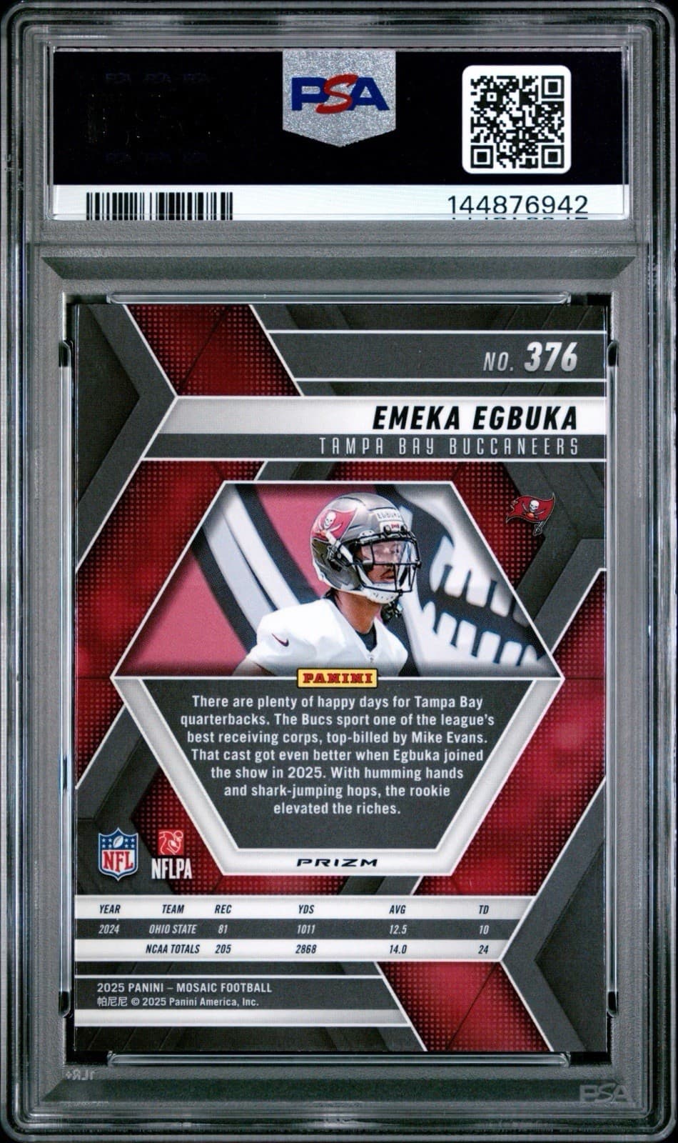 2025 Panini Mosaic - Rookies Emeka Egbuka Red & White Stripe Prizm (RC). PSA 10