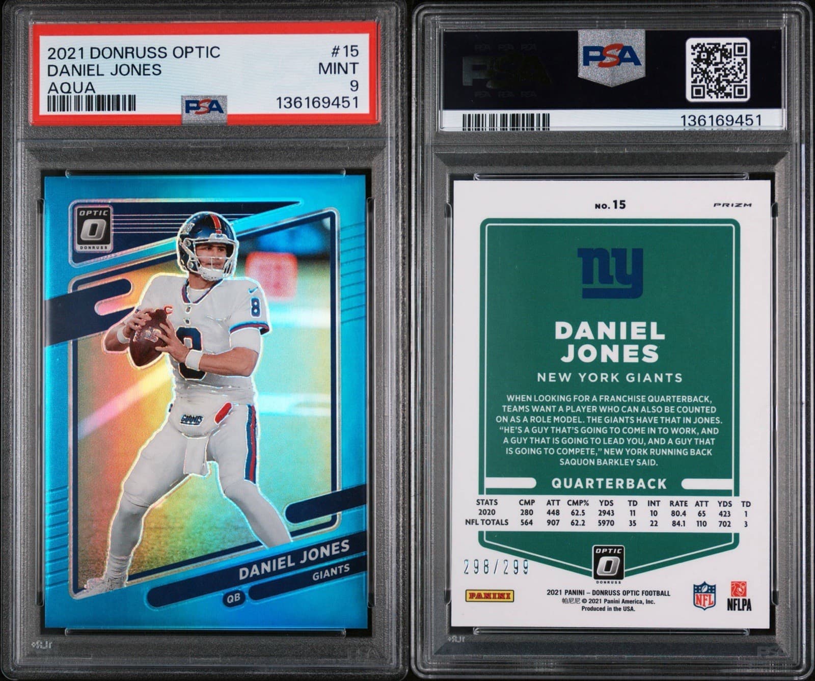 2021 PANINI DONRUSS OPTIC #15 DANIEL JONES AQUA /299. PSA 9 MINT