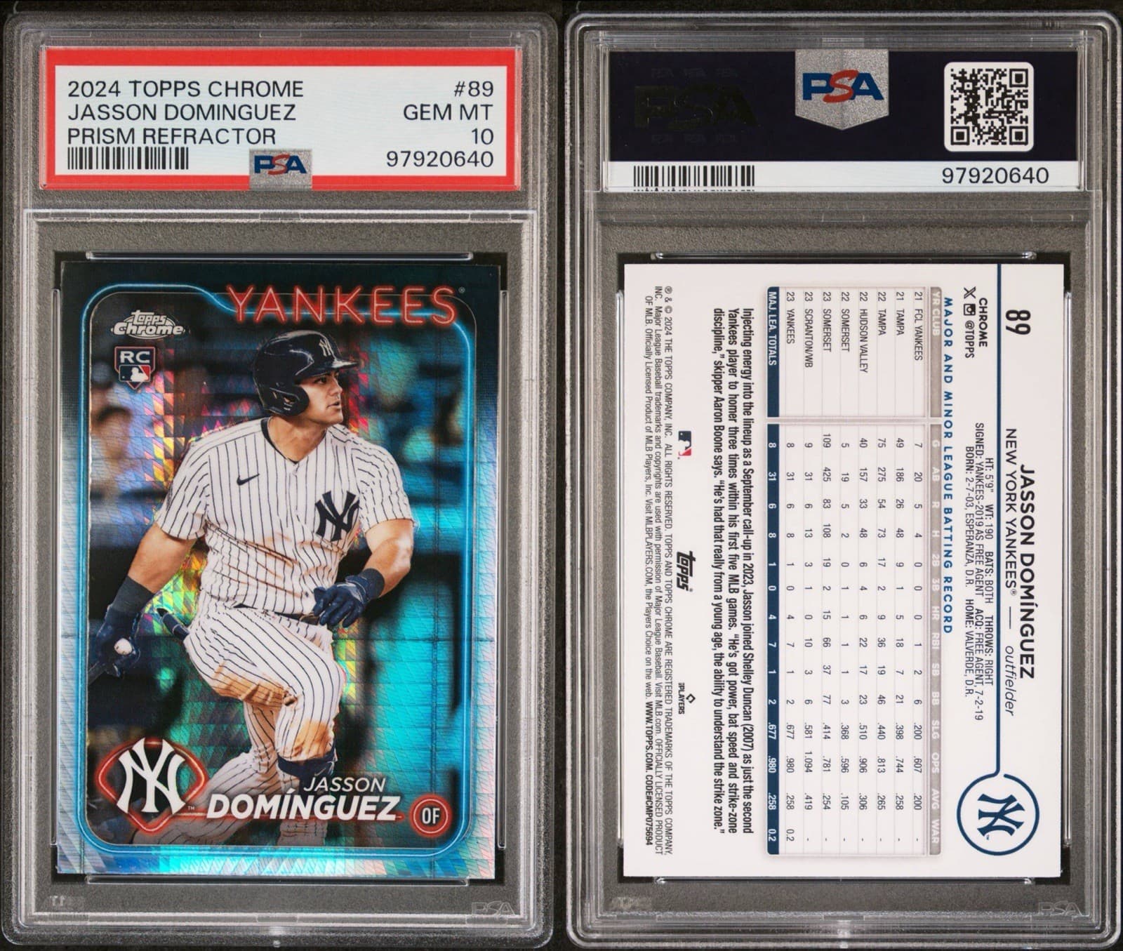 2024 Topps Chrome - Jasson Dominguez #89 Prism Refractor (RC). PSA 10 GEM MT.