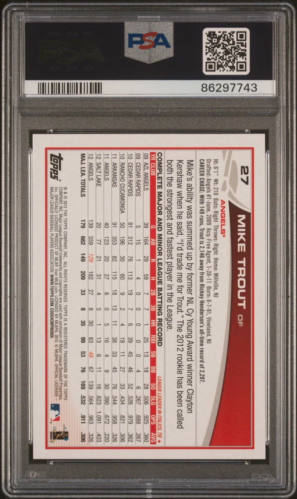 2013 Topps - Mike Trout #27 Sliding. PSA 9 Mint.