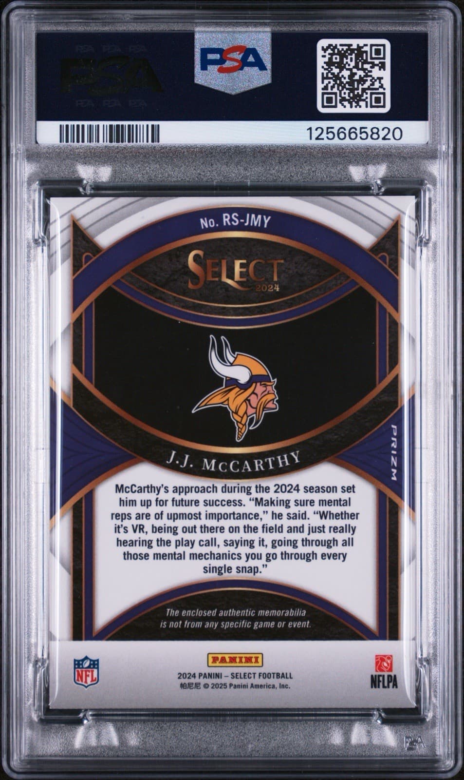 2024 Panini Select - Rookie Swatches J.J. McCarthy #RS-JMY Red Prizm (RC). PSA 9