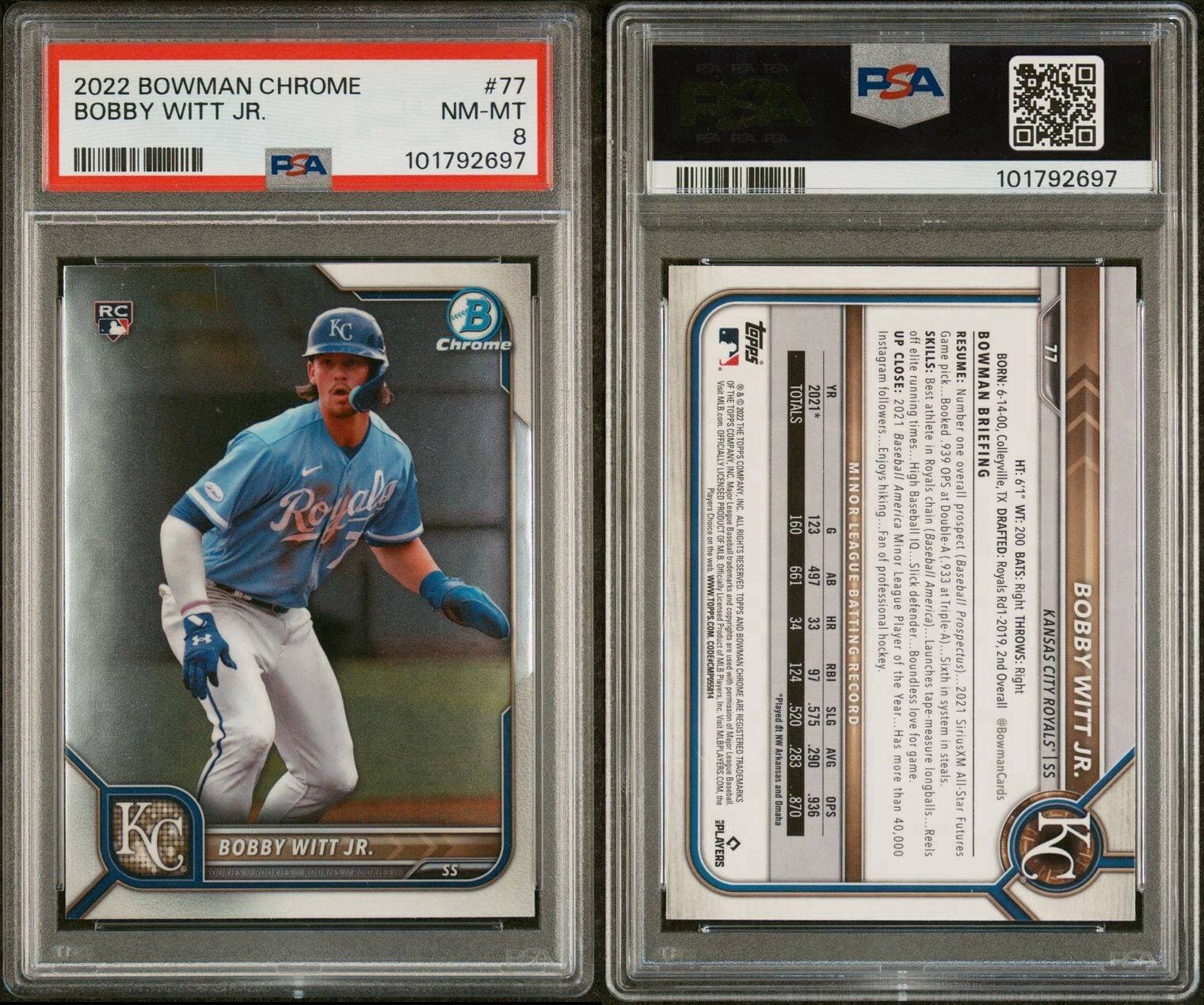 2022 Bowman Chrome - #77 Bobby Witt Jr. (RC). PSA 8.