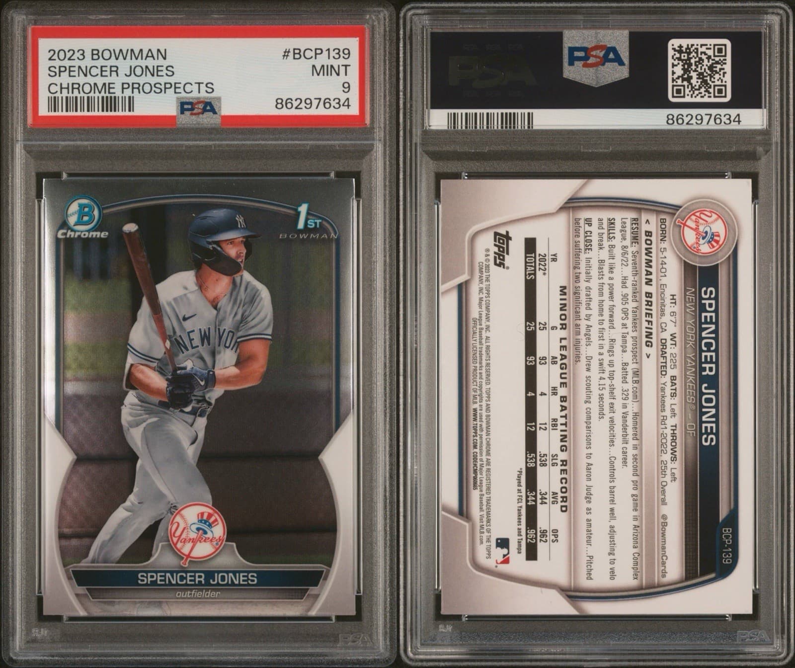 2023 Bowman - Chrome Prospects Spencer Jones #BCP-139 (RC). PSA 9 MINT