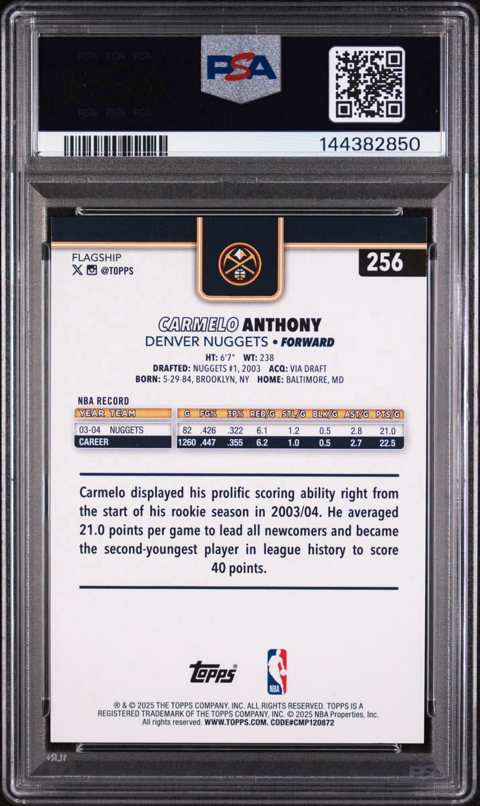 2025-26 TOPPS CARMELO ANTHONY #256 GREEN RAINBOW /99. PSA 9 MINT