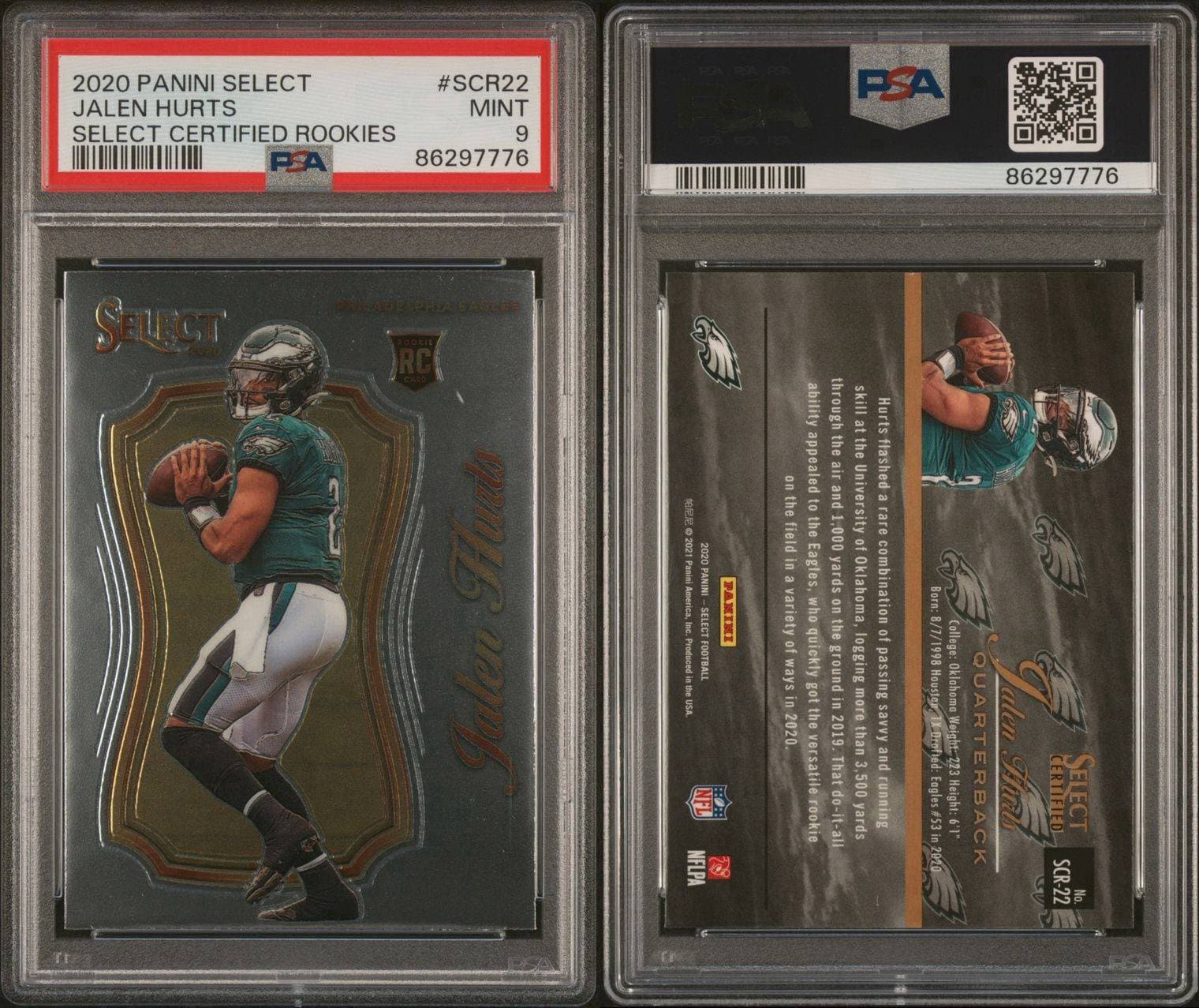 2020 Panini Select - Select Certified Rookies #SCR-22 Jalen Hurts (RC). PSA 9.