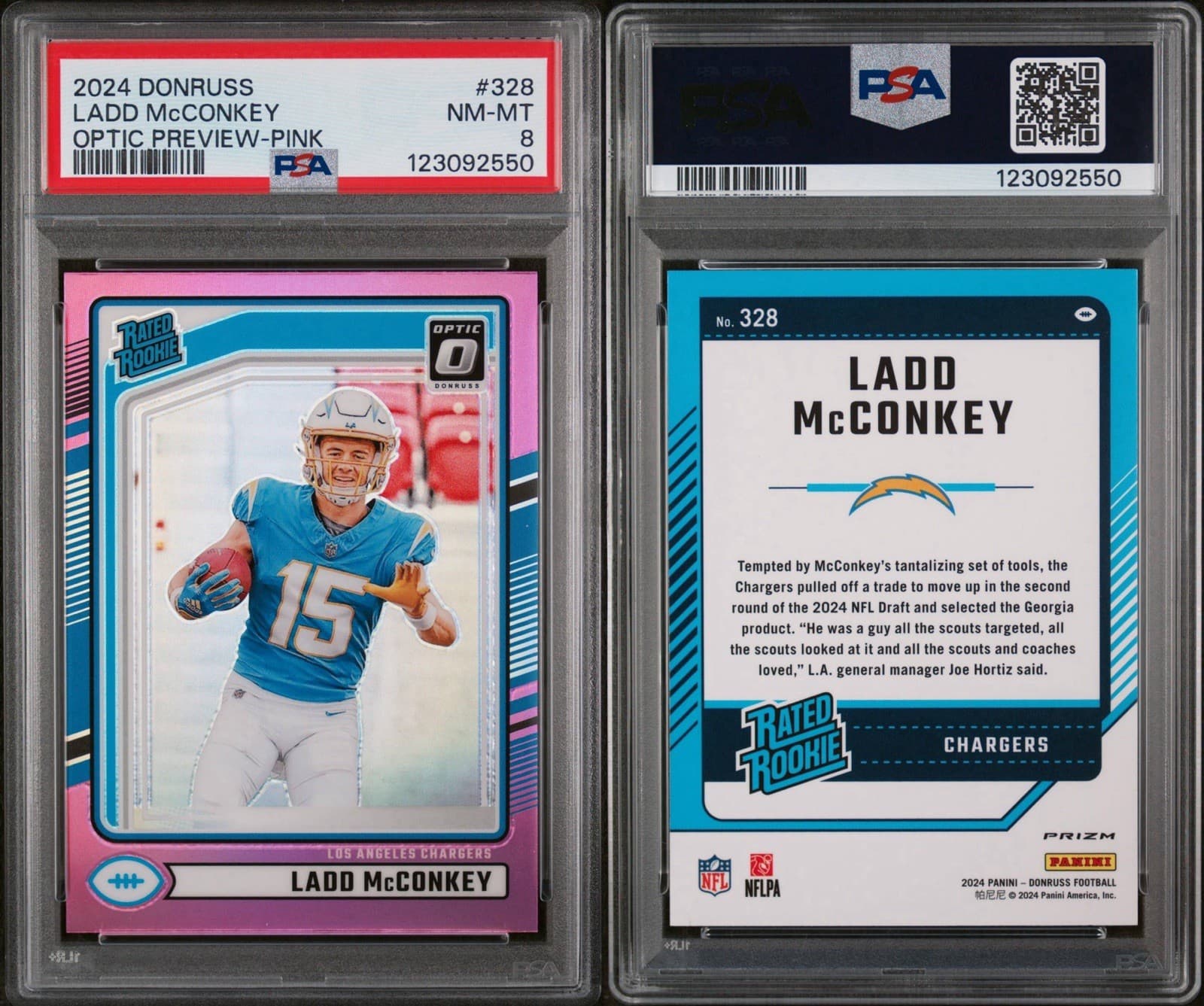2024 Panini Donruss - Rated Rookie Ladd McConkey (RC) Optic Preview Pink. PSA 8