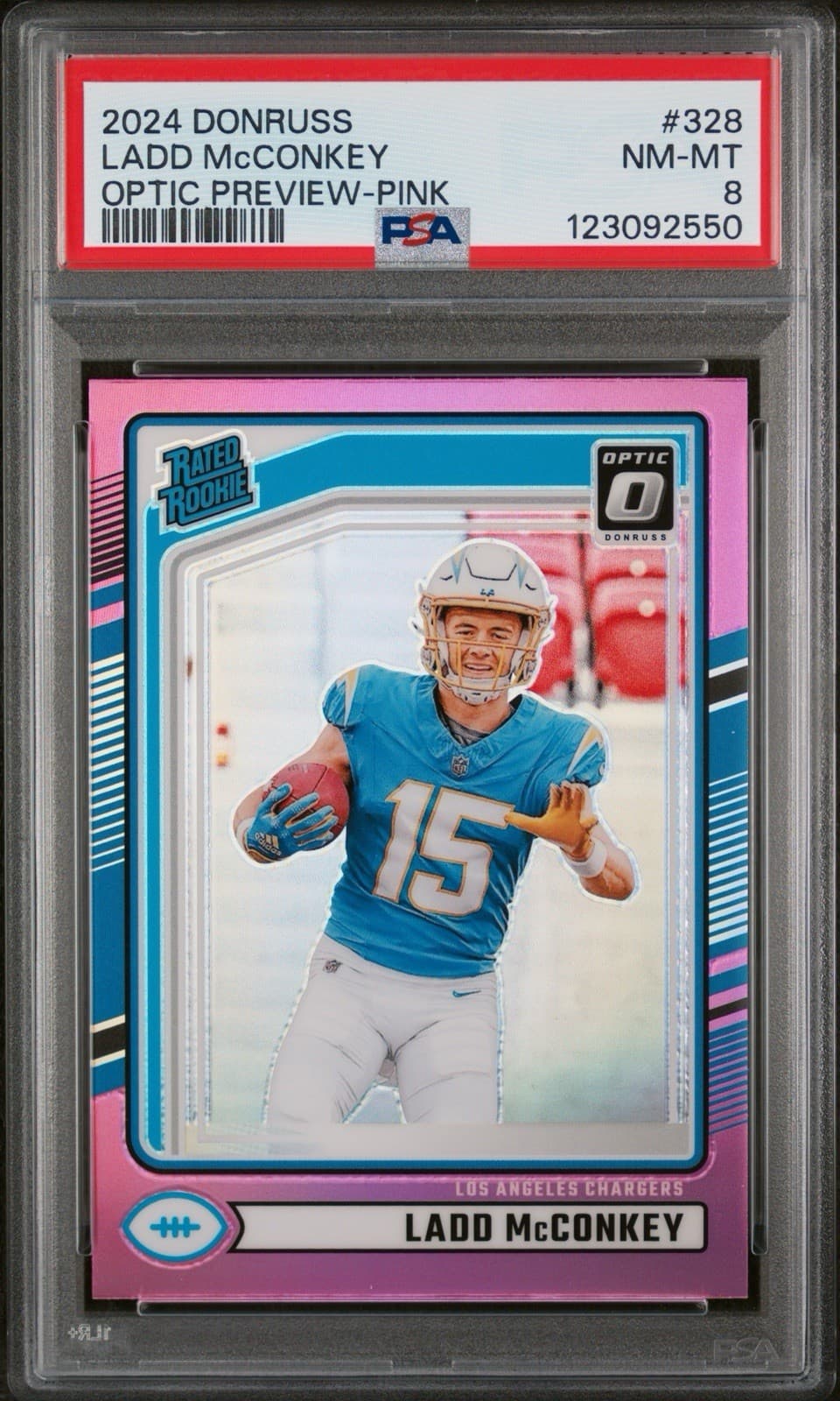 2024 Panini Donruss - Rated Rookie Ladd McConkey (RC) Optic Preview Pink. PSA 8