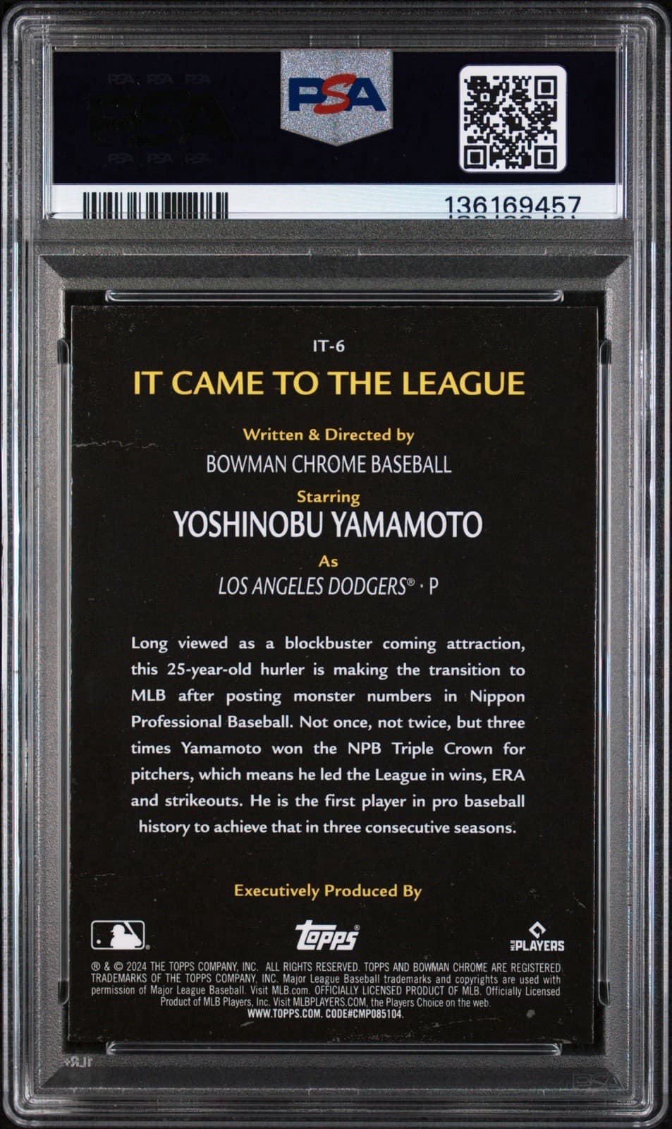2024 Bowman Chrome It Came To The League #IT6 Yoshinobu Yamamoto. PSA 9 MINT