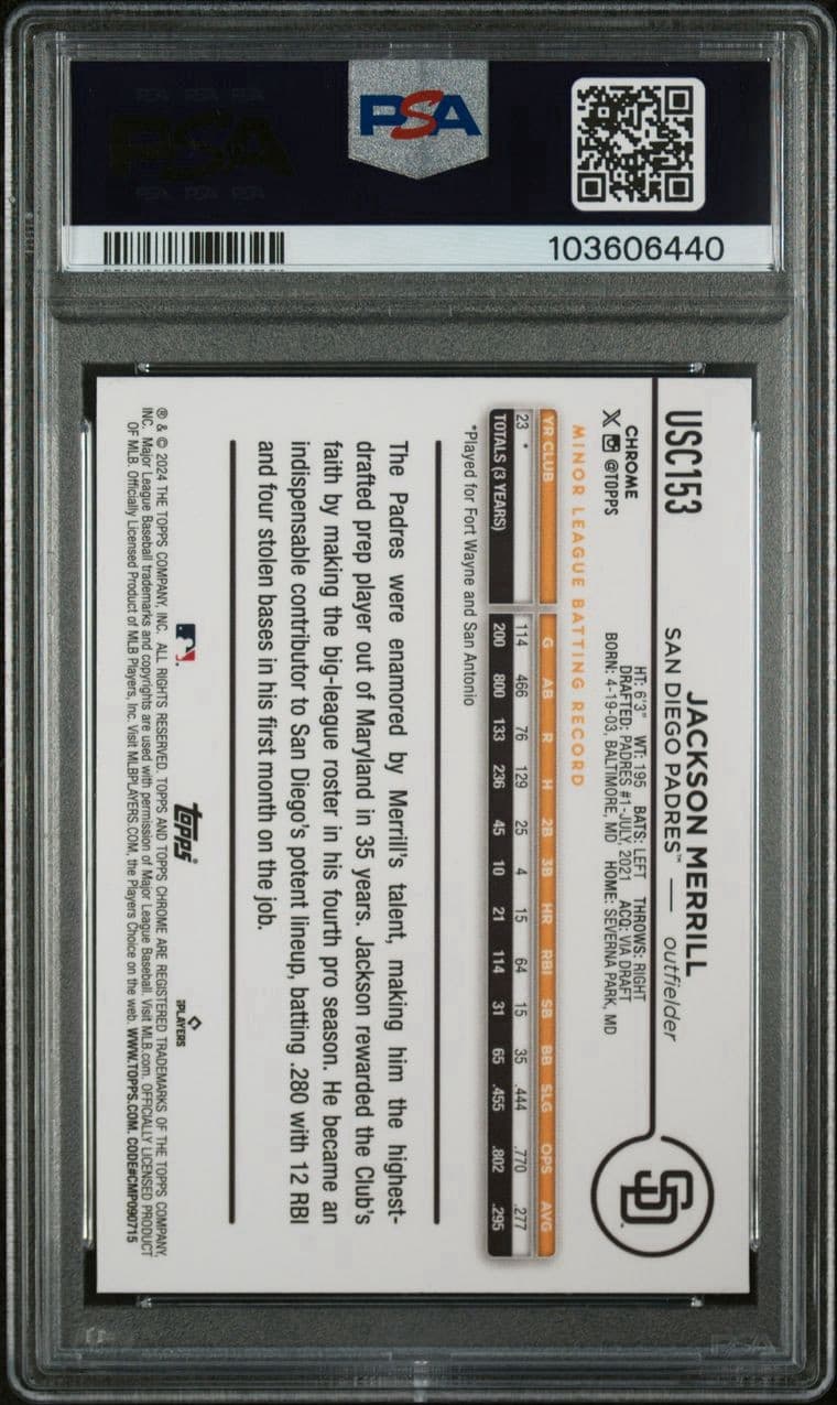 2024 Topps Chrome Update - Jackson Merrill Negative Refractor #USC153. PSA 9