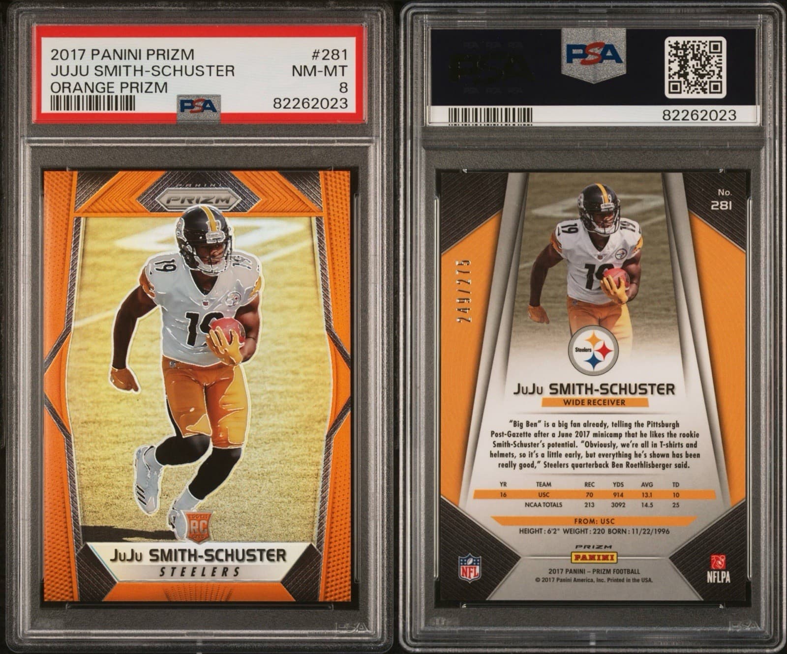 2017 Panini Prizm - JuJu Smith-Schuster Orange Prizm /275 (RC). PSA 8 NM - MT
