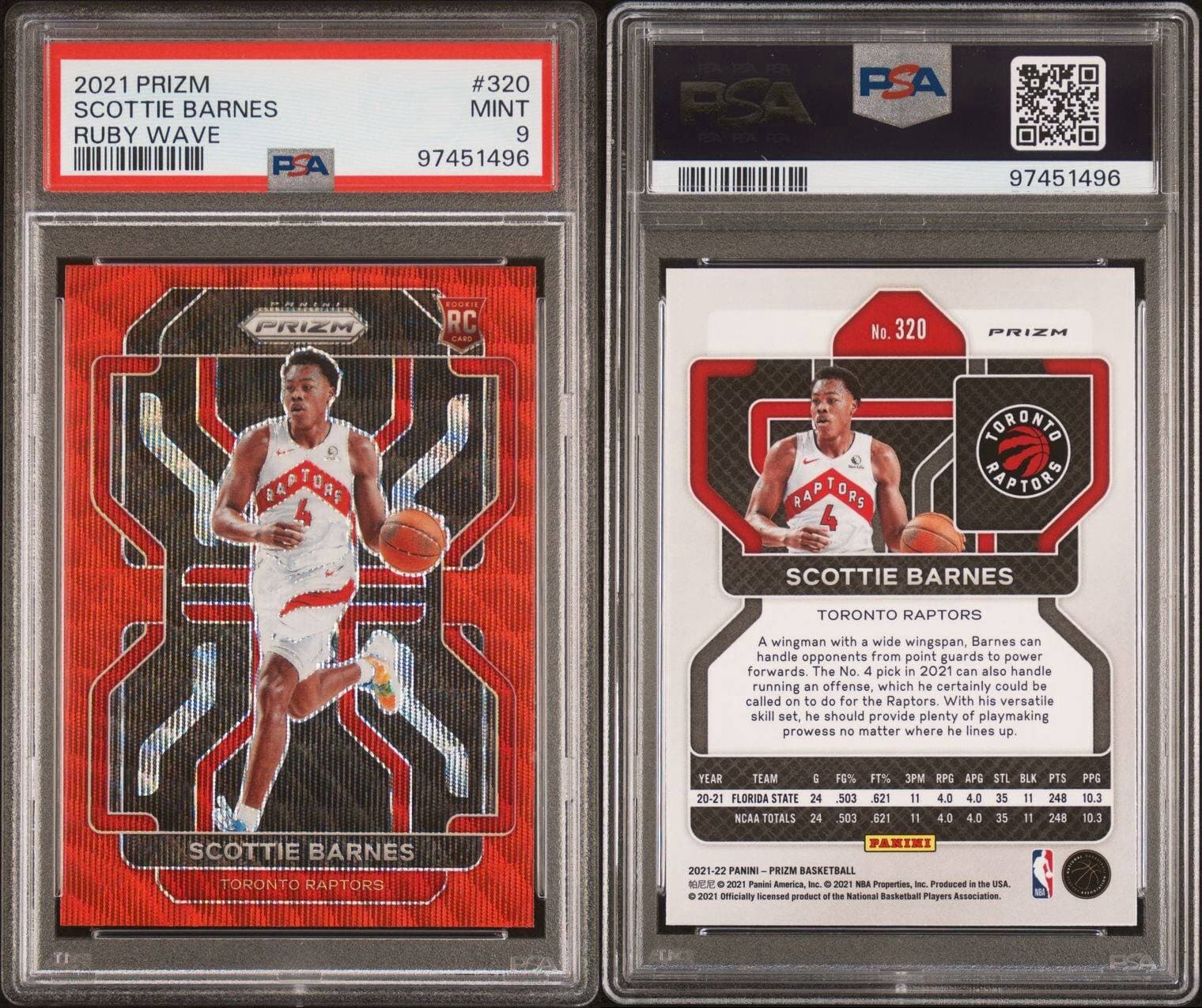 2021-22 Panini Prizm - Ruby Wave Prizm #320 Scottie Barnes (RC). PSA 9. 