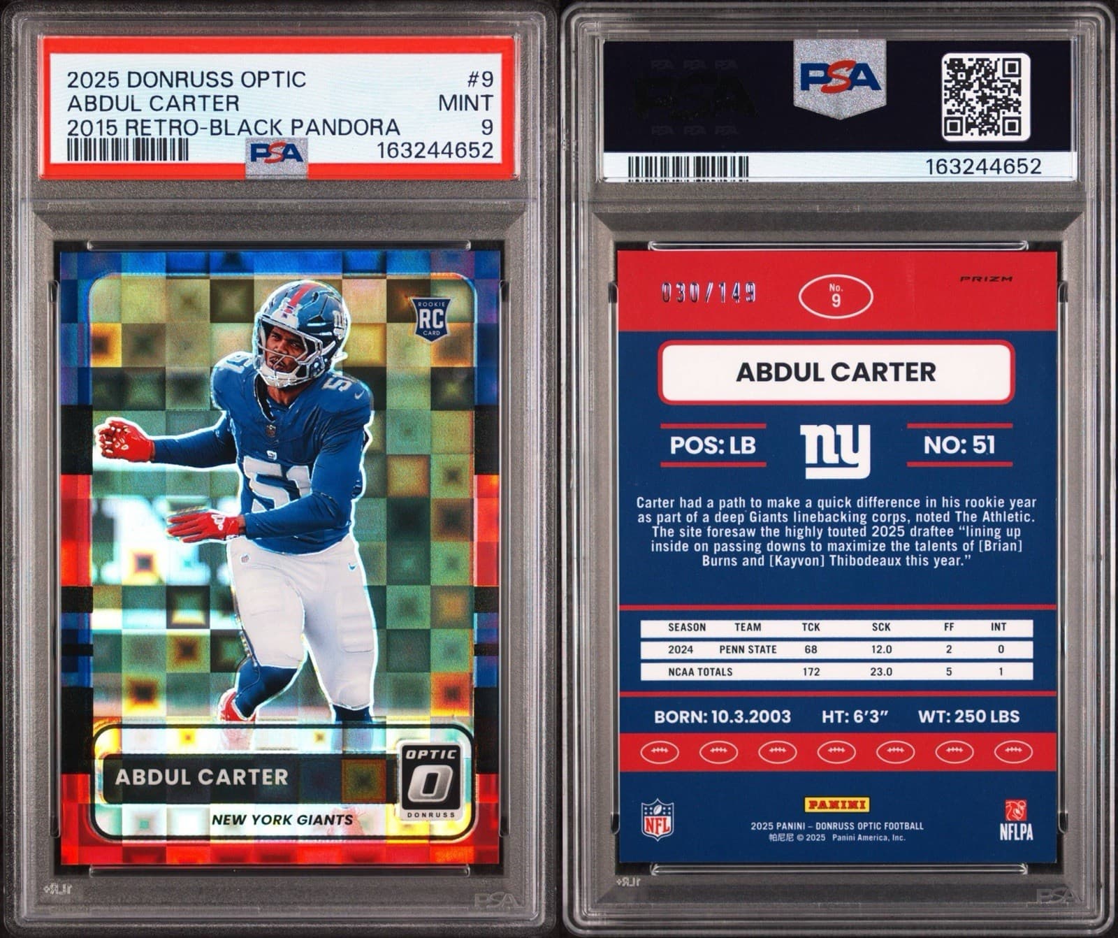 2025 Donruss Optic - 2015 Retro Abdul Carter #9 (RC) - Black Pandora /149. PSA 9