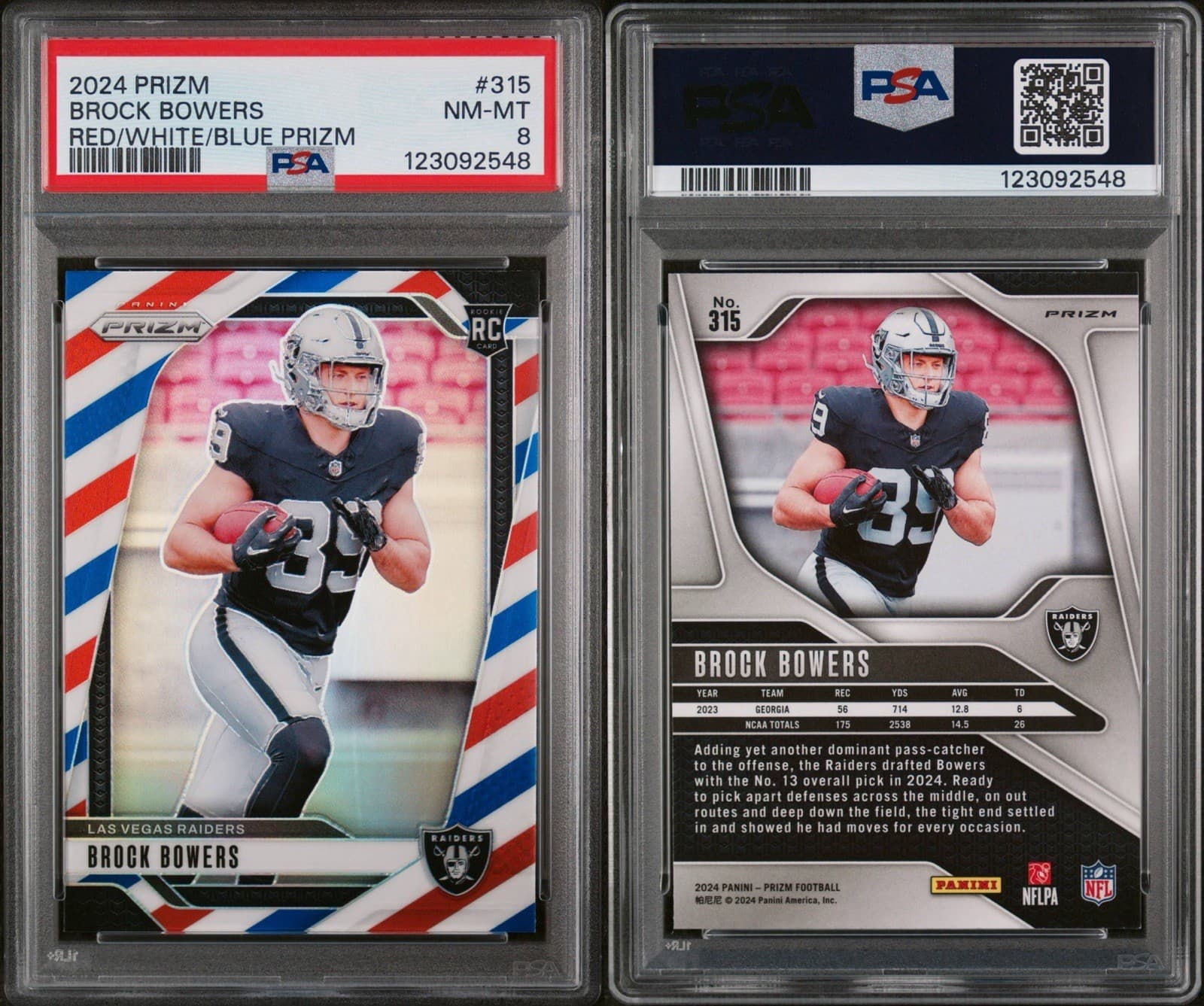 2024 Panini Prizm - Rookies Brock Bowers #315 Red White & Blue Prizm (RC). PSA 8