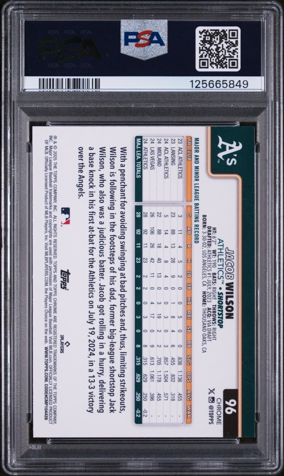 2025 Topps Chrome - Jacob Wilson #96 RayWave Refractor (RC). PSA 10 GEM MT