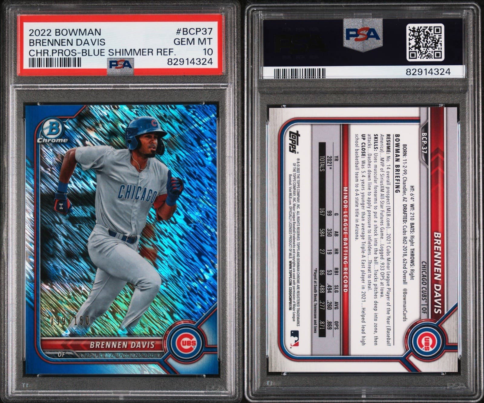 2022 Bowman Chrome Prospects - Brennen Davis Blue Shimmer Refractor /150. PSA 10