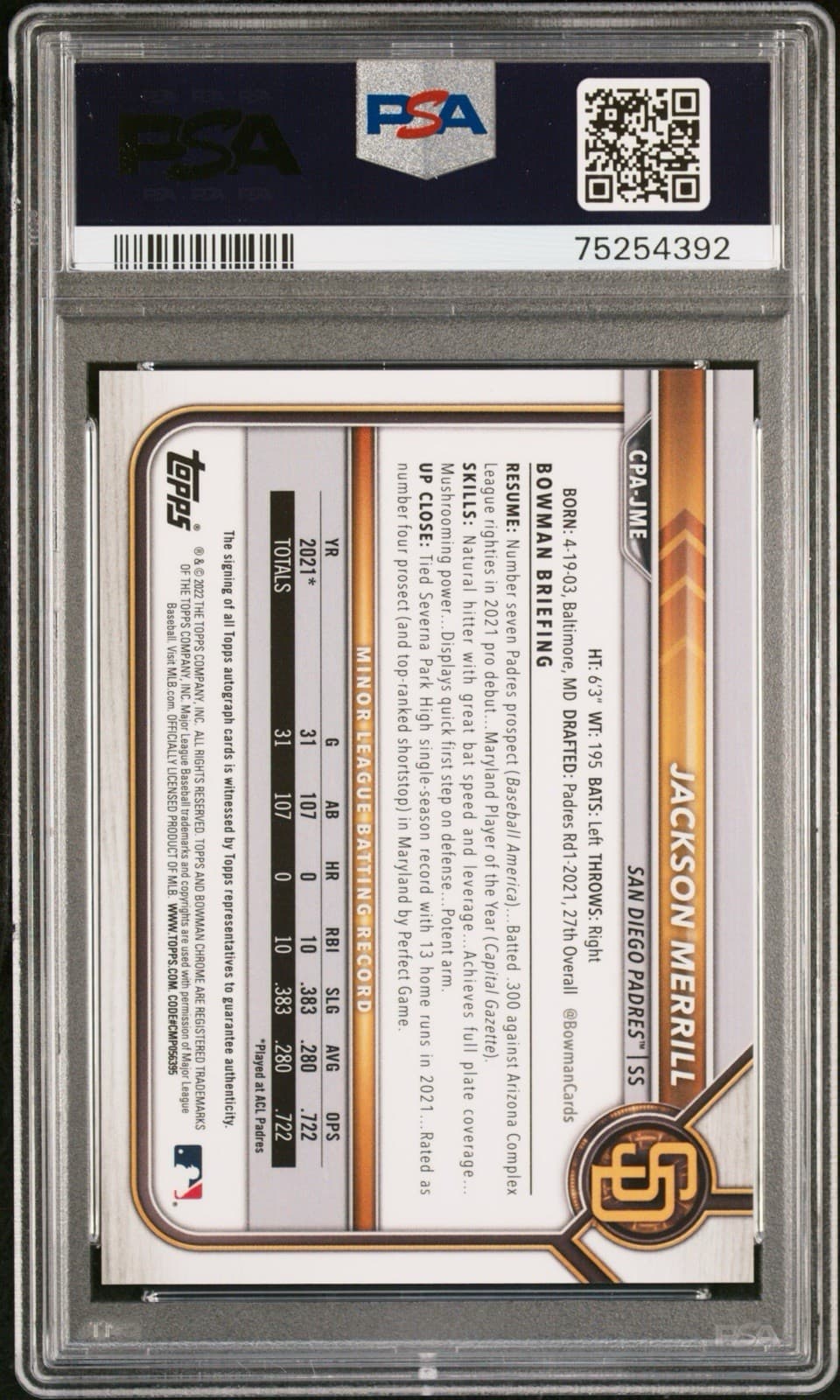 2022 Bowman Chrome - Prospect Autographs Jackson Merrill (RC). #CPA-JME. PSA 10