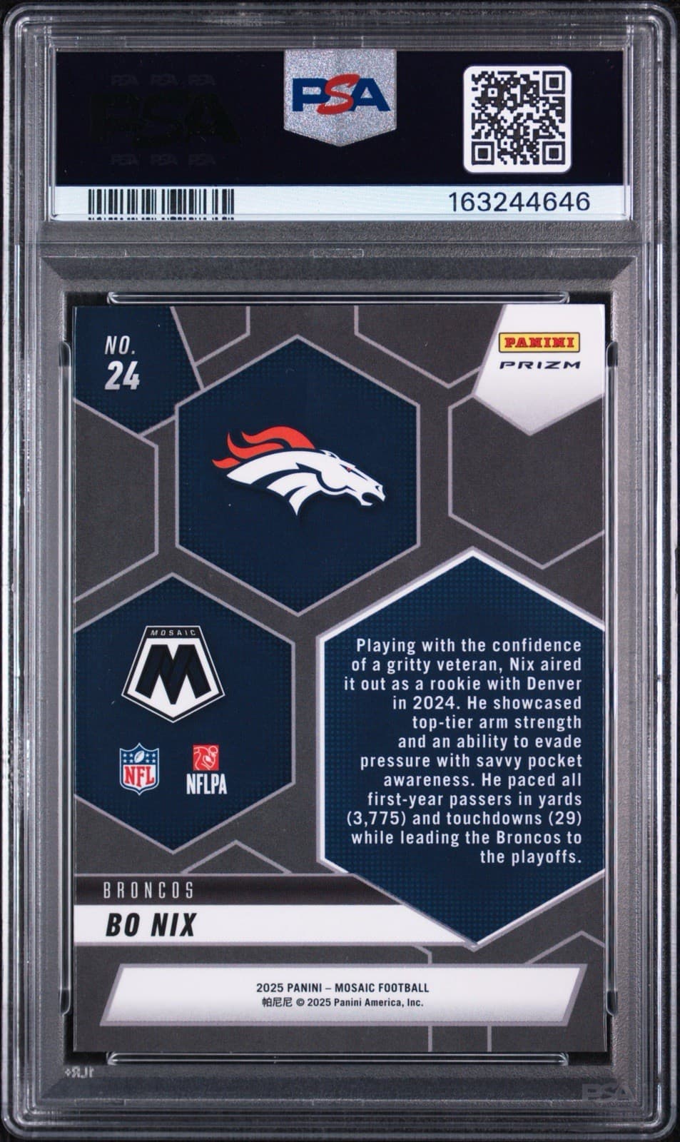 2025 Panini Mosaic - Bo Nix #24 Montage Silver No Huddle Prizm. PSA 10 GEM MINT