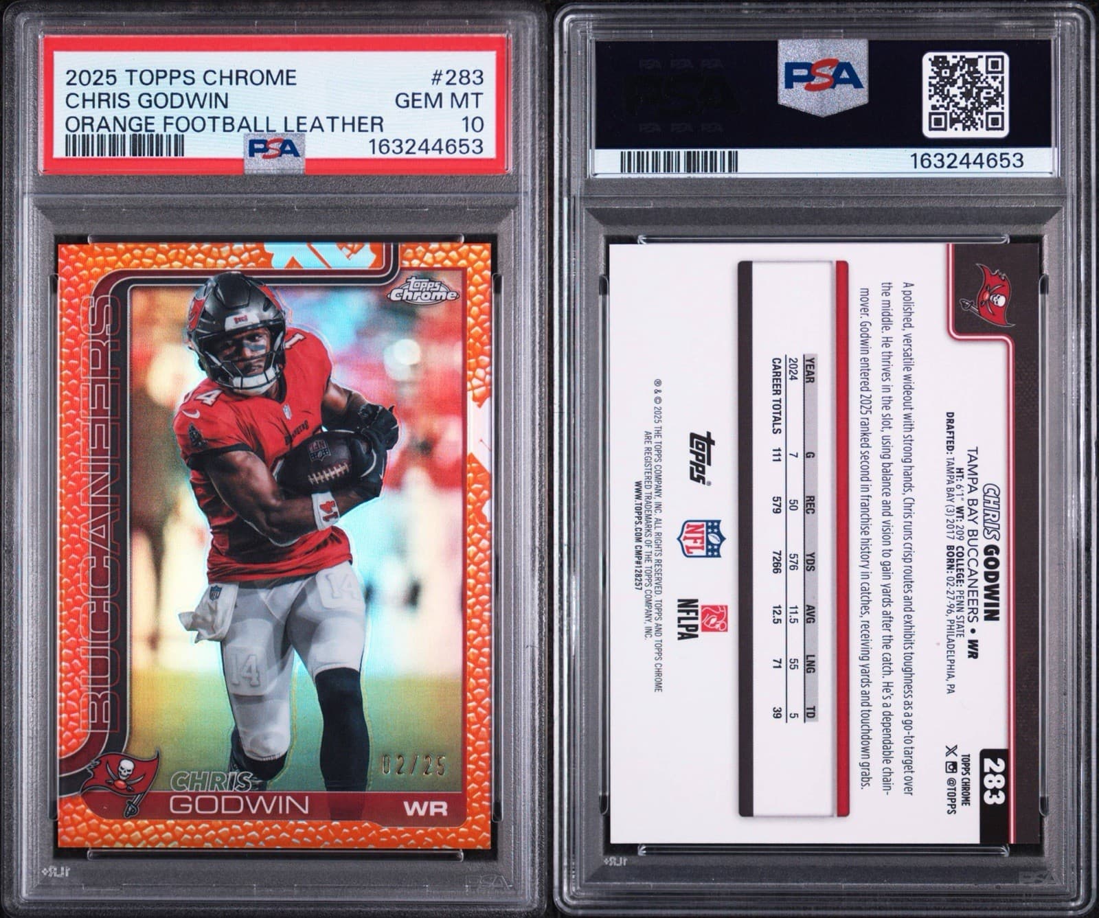 2025 Topps Chrome - Chris Godwin #283 Orange Football Leather /25. PSA 10. Pop 1