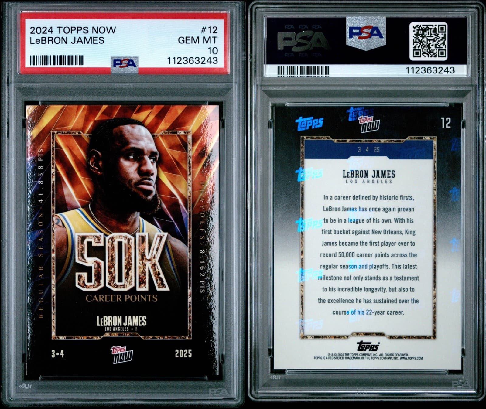 2024-25 Topps Now - LeBron James #12 - 50K Career Points. PSA 10 GEM MT