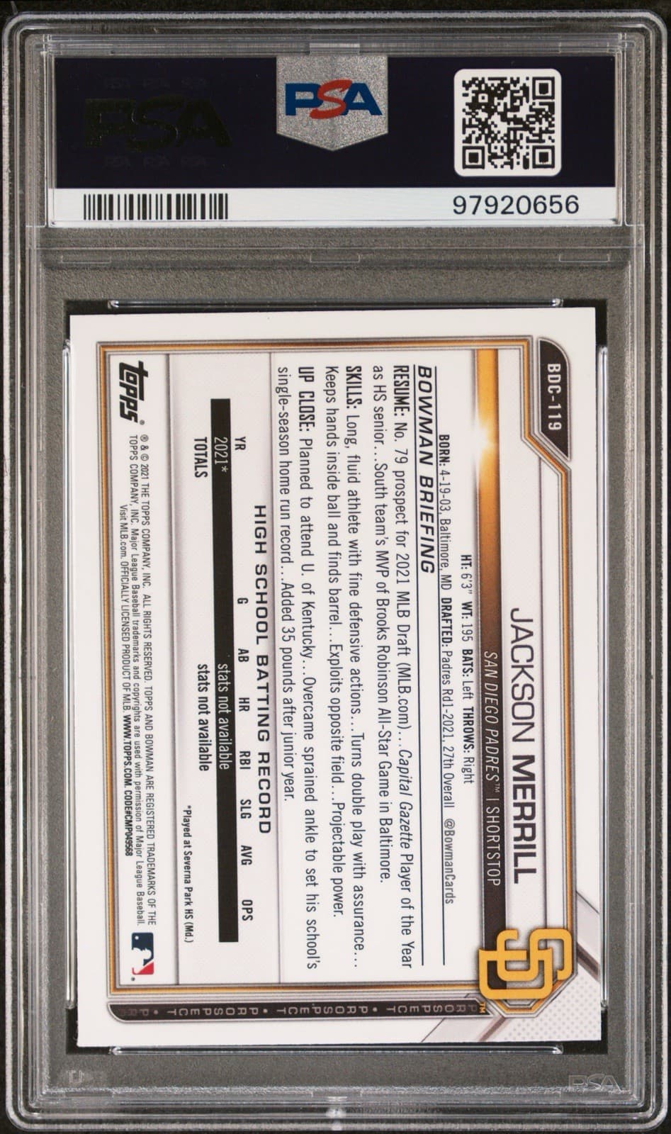 2021 Bowman Draft JACKSON MERRILL Chrome (RC) 1st Bowman. PSA 10 GEM MINT