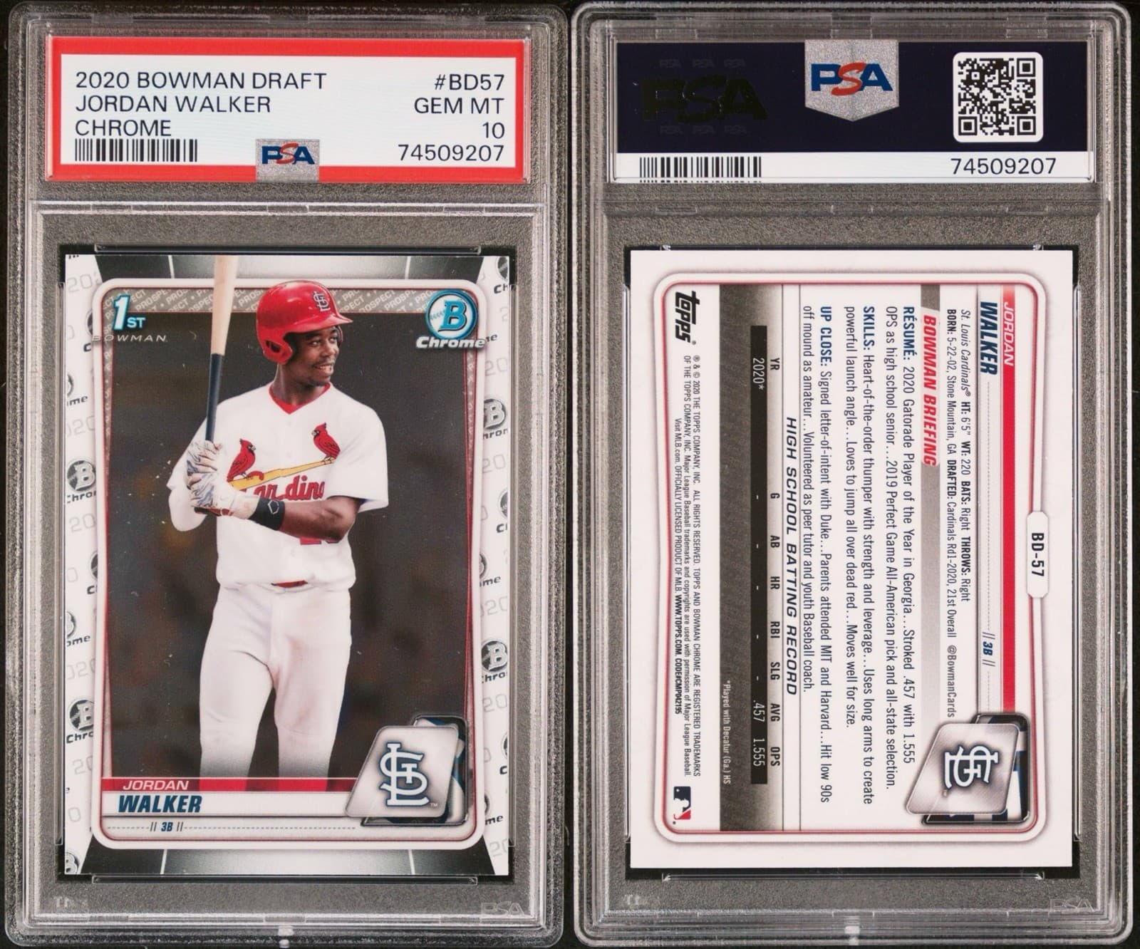 2020 Bowman Draft - Chrome Jordan Walker #BD-57 (RC). PSA 10 GEM MT.