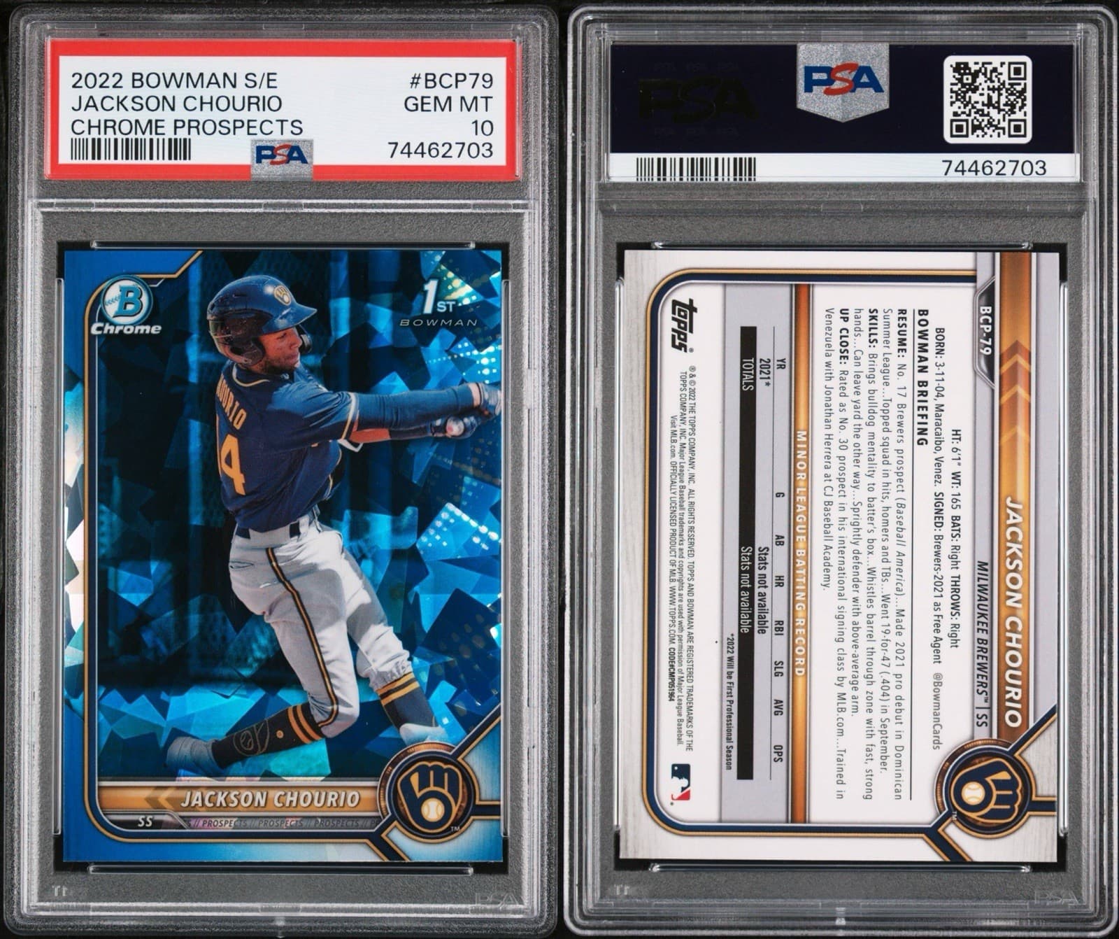 2022 Bowman Sapphire - Chrome Prospects Jackson Chourio #BCP-79 (RC). PSA 10!