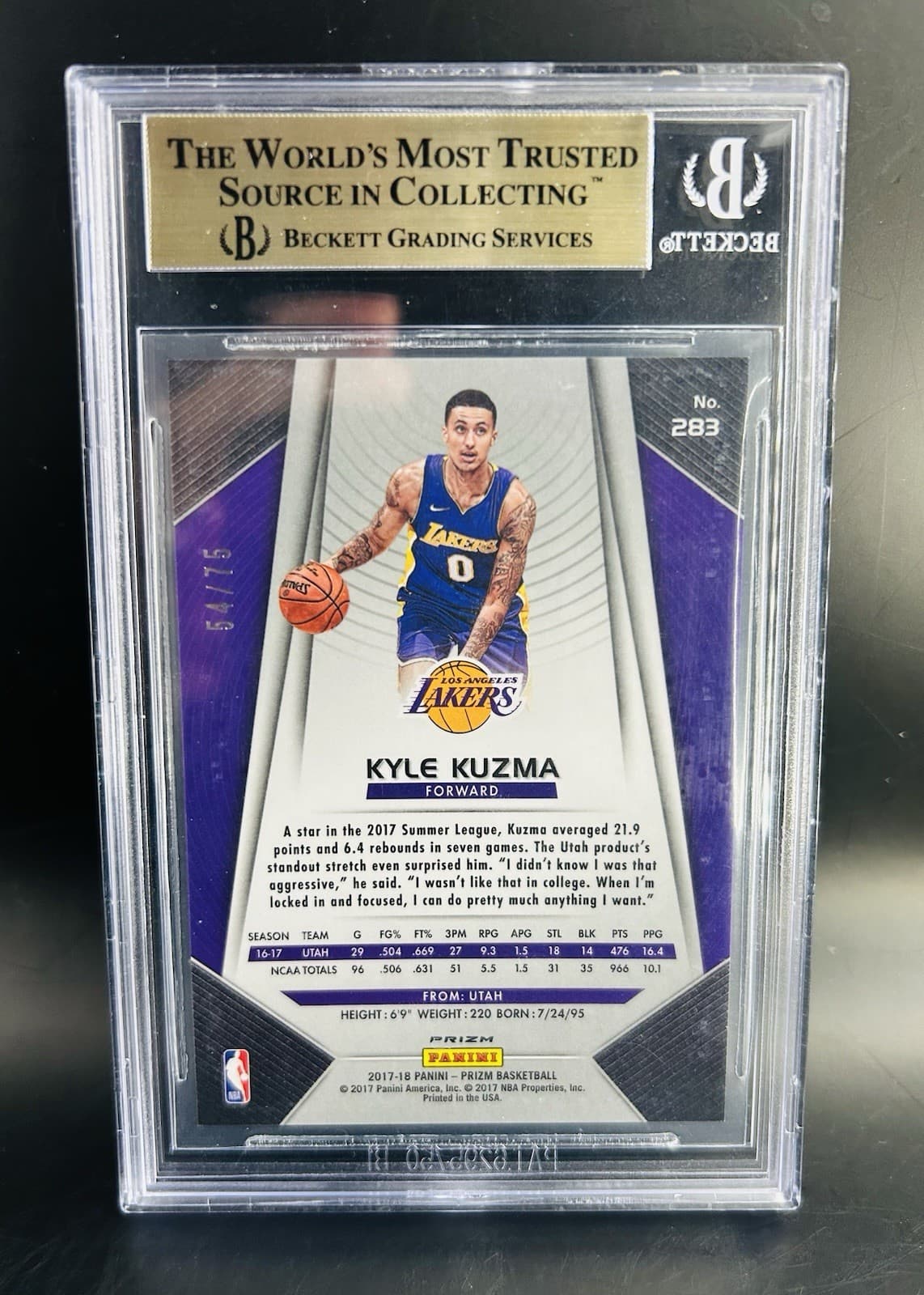2017-18 Panini Prizm Fast Break Purple - Kyle Kuzma #283 (RC) /75. BGS 9.5