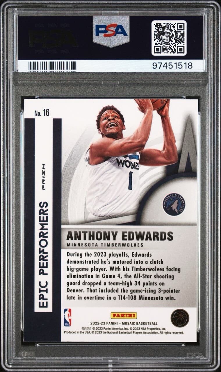 2022 Mosaic - Epic Performers Green  Prizm #16 Anthony Edwards. PSA 9. Low Pop
