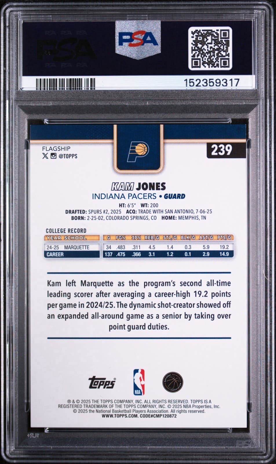 2025 TOPPS #239 KAM JONES (RC) SEASON TIP OFF - ORANGE FOIL BOARD /25. PSA 9.