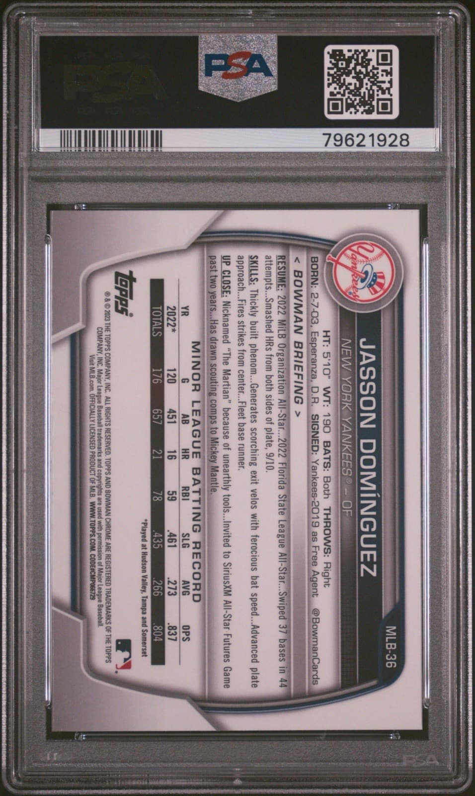 2023 Bowman Chrome Jasson Dominguez #36 NSCC - PSA 10 GEM MT. Low Pop!