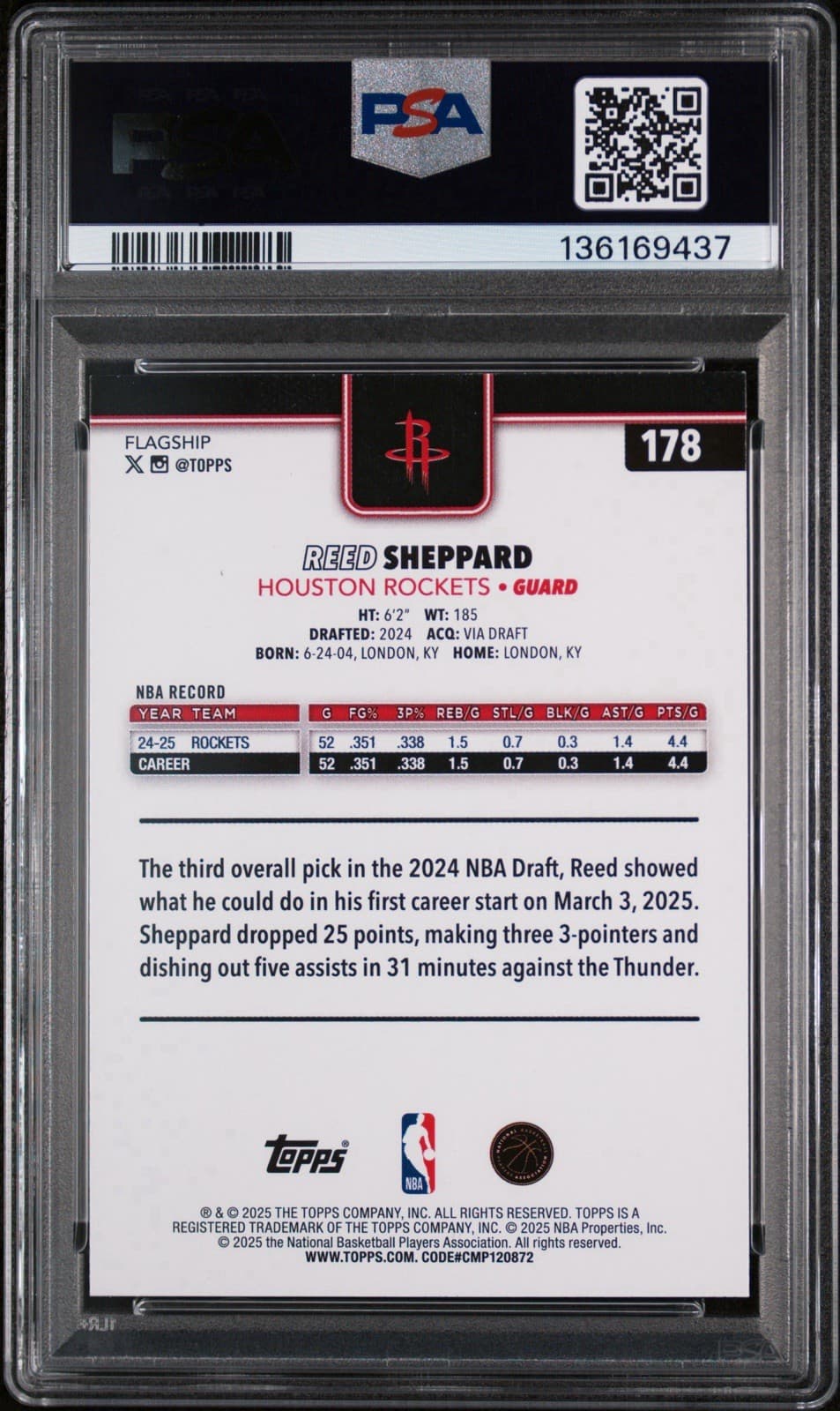 2025-26 Topps - Reed Sheppard #178 Purple Rainbow /250. PSA 8 NM-MT