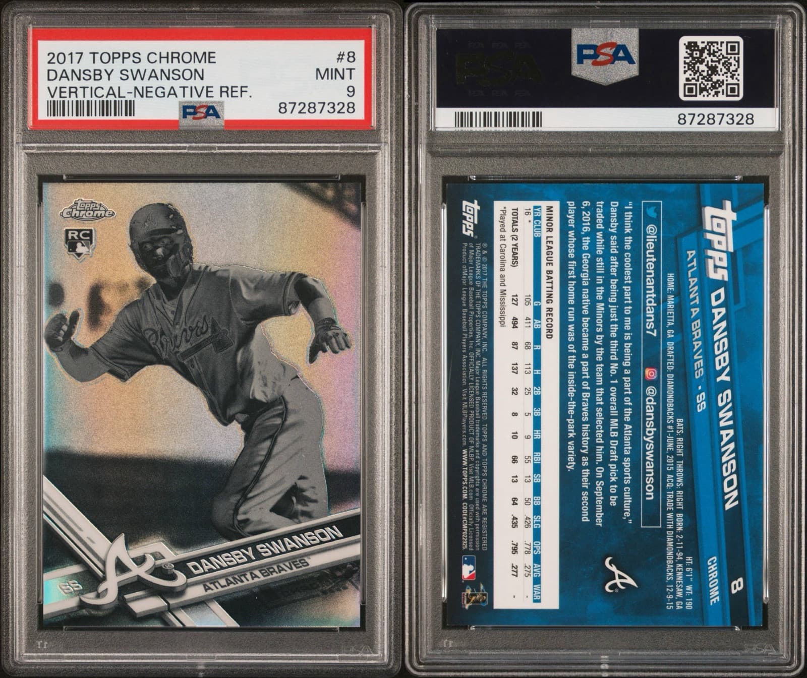 2017 Topps Chrome - Vertical Negative Refractor Dansby Swanson (RC) PSA 9. Pop 6