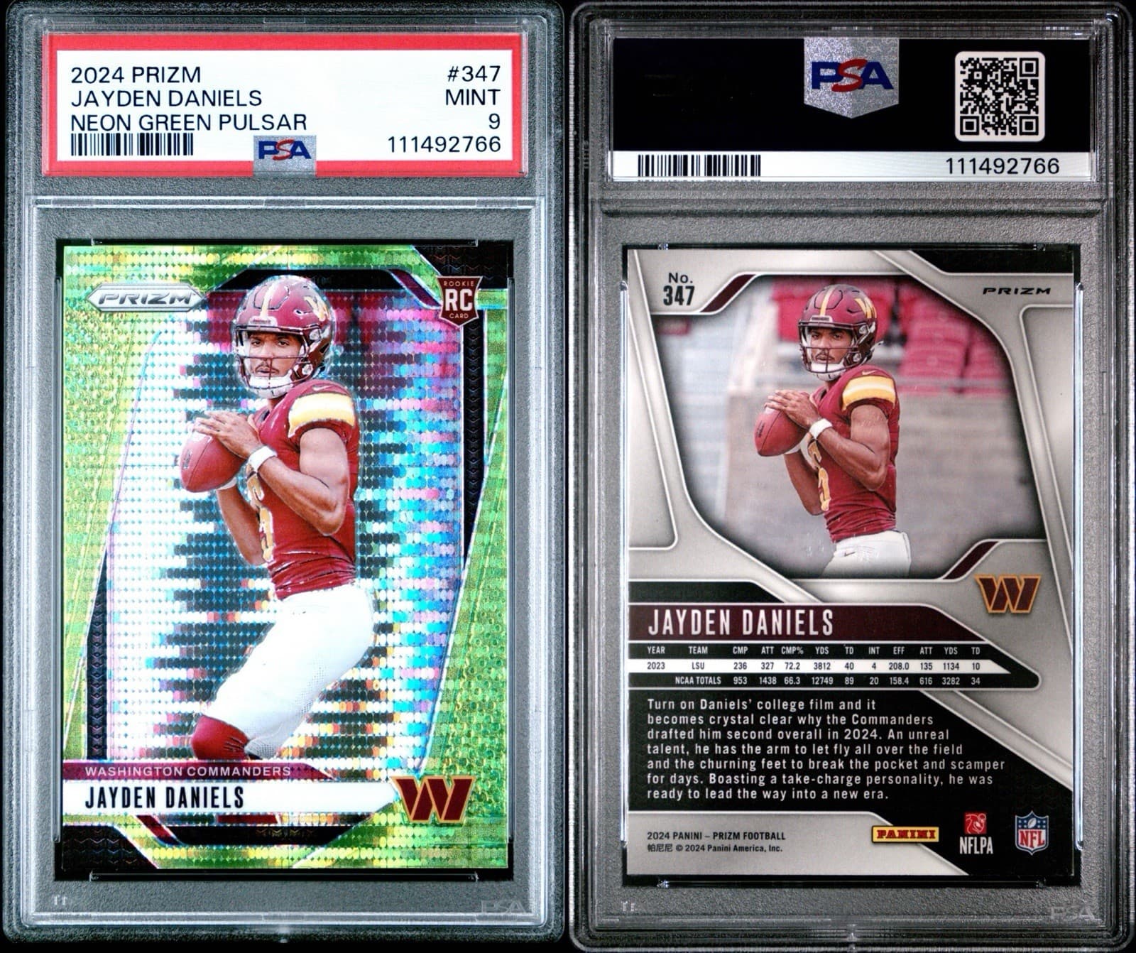 2024 Panini Prizm - Jayden Daniels #347 Neon Green Pulsar Prizm (RC). PSA 9 Mint